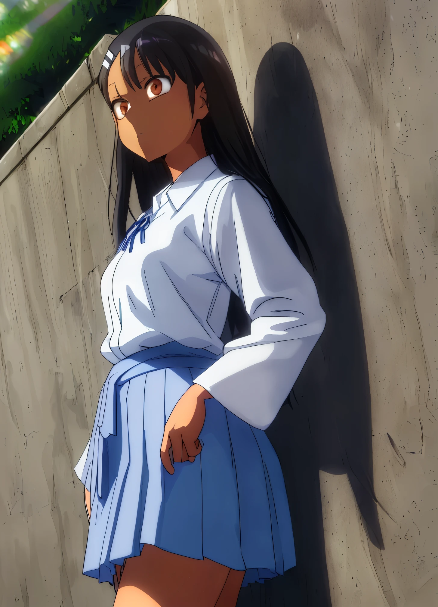 [Hayase Nagatoro], [Don't toy with me, nagatoro], ((masterpiece)), ((HD)), ((high res)), ((solo portrait)), ((waist-up), ((front view)), ((anime)), ((detailed shading)), ((beautiful render art)), ((cinematic lighting)), ((intricate details)), [nagatoro hayase, (beautiful Japanese woman), (slim figure), (dark skin), cute brown eyes, long black hair, (curvy hips), (expressionless)}, {(white button-up shirt), (short blue skirt), (white hairclip)}, {(leaning on wall), (looking ahead)}, [Background; (school yard), (trees), (blue sky), (sun rays)]