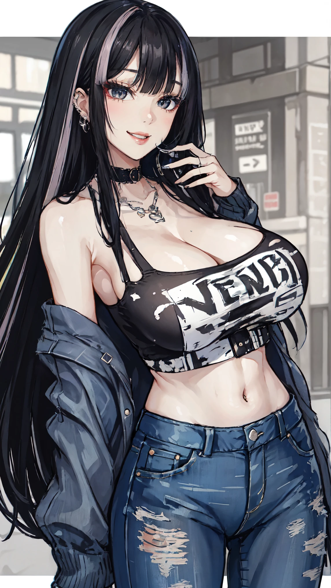 sagging breasts,mature female,huge breasts, gigantic breasts, (((face focus))),solo,grin,cowboy shot,gyaru,((nagatiti)),eyeshadow,lip,Shiny eyelashes,black hair, (((two-tone hair))),piercing, long hair,Damaged denim pants, white tube top, buggy clothes, black fluffy cardigan, oversized,unt bangs,new york street,