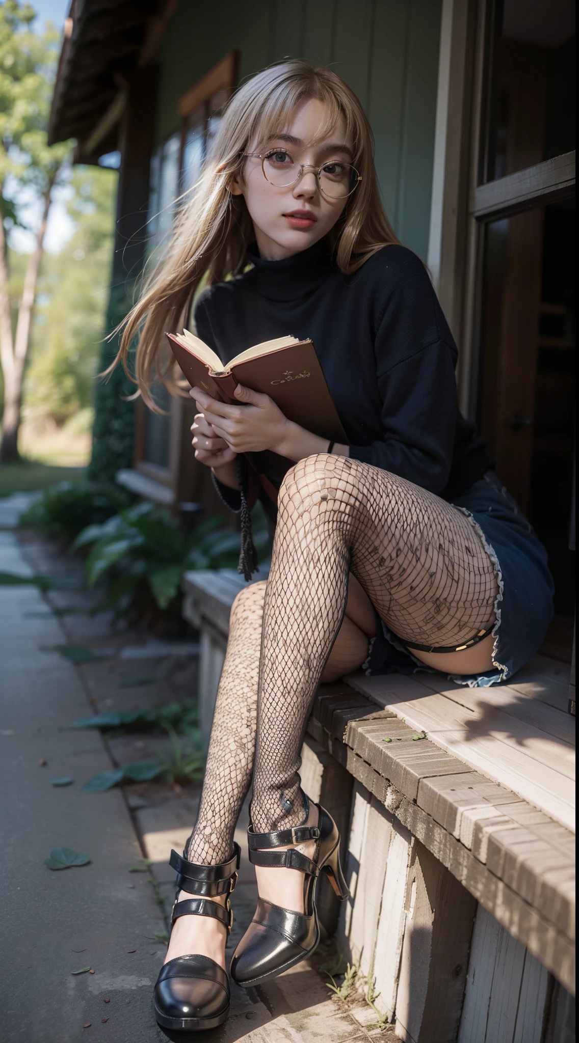 (full body:1.5),(((1woman)):1.3),(view the viewer:1.4),((anatomy correct):1.45),((Sitting in the forest):1.2),(she wears large glasses and holds a book in his hand:1.15),(shy:1.15),(red Sailor dress with ribbons:1.2), ((((fishnet))) , (pantyhose):1.3), (Uniform high heels leather shoes with bows for female students:1.1),(Accurate and perfect face:1.3),(Blue-eyed blonde:1.2),hyper HD, Ray traching, reflective light, structurally correct, Award-Awarded, high detail, lighten shade contrast, Face lighting ,cinematic lighting, masterpiece, super detailing, high quality, high detail, best quality, 16k,High contrast,