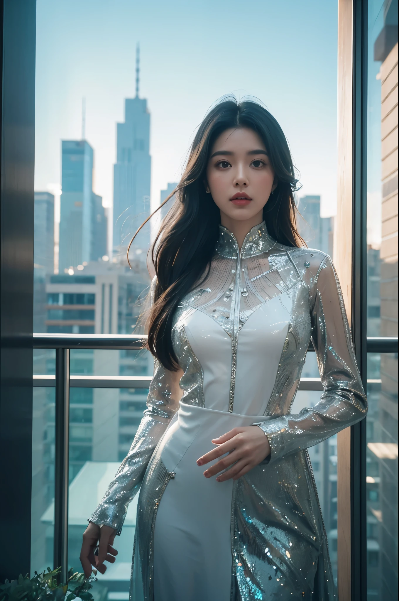Experimental photo of a glass robot woman standing on a balcony overlooking the future city, eyes looking into the camera, beautiful, intricate and exquisite details, glowing metal eyes, glass, transparent, full_shot, wide_shot, . High dynamic range, vivid, rich in details, Shadows and highlights are clear, realistic and intense, contrast enhanced, rich in detail, large depth of field, deep depth of field, 35mm photo, film