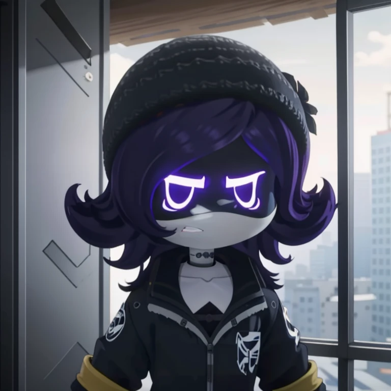 (8k HD, alta qualidade, fundo detalhado) Uzi, worker drone, cabelo curto, cabelo roxo, lilac eyes, casa abandonada, interior escuro, worried expression, punho cerrado