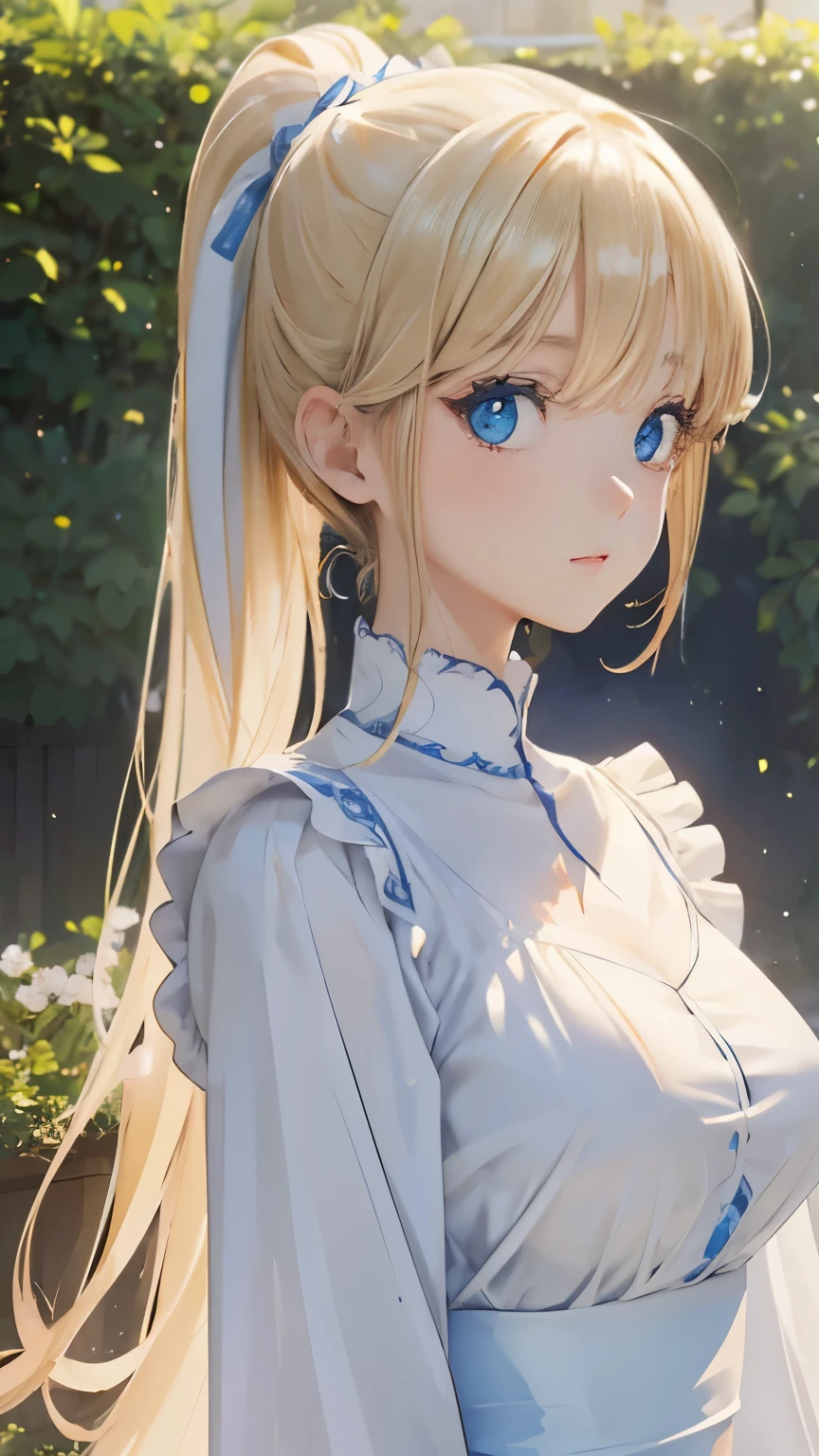 (masterpiece:1.2), (highest quality:1.2),, Curvy but slender body, perfect eyes, perfect face, perfect lighting, 1 girl, in the garden, （blouse），（whole bodyショット），（maid），（ponytail）, fine clothes, detailed outdoor background, compensate, eye shadow, thick eyelashes, fantasy, looking at the viewer, whole body、blue sky、Bright and very beautiful face、young shiny glossy white shiny skin、the best beauty、the most beautiful bright blonde hair in the world、thin hair、long hair、Shining beautiful bangs、big shining blue eyes、Very beautiful and lovely 18 years old, the most beautiful girl in the world、small breasts
