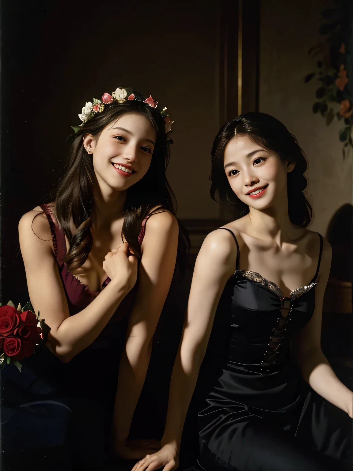 full body portrait ,fruits,Rose ,flower,Rosa,antique,A smile,,Sweet and seductive appearance.、Rubens paintings、Chiaroscuro of Caravaggio,Two women frolicking,Cute smile, Expression of ecstasy,sexy