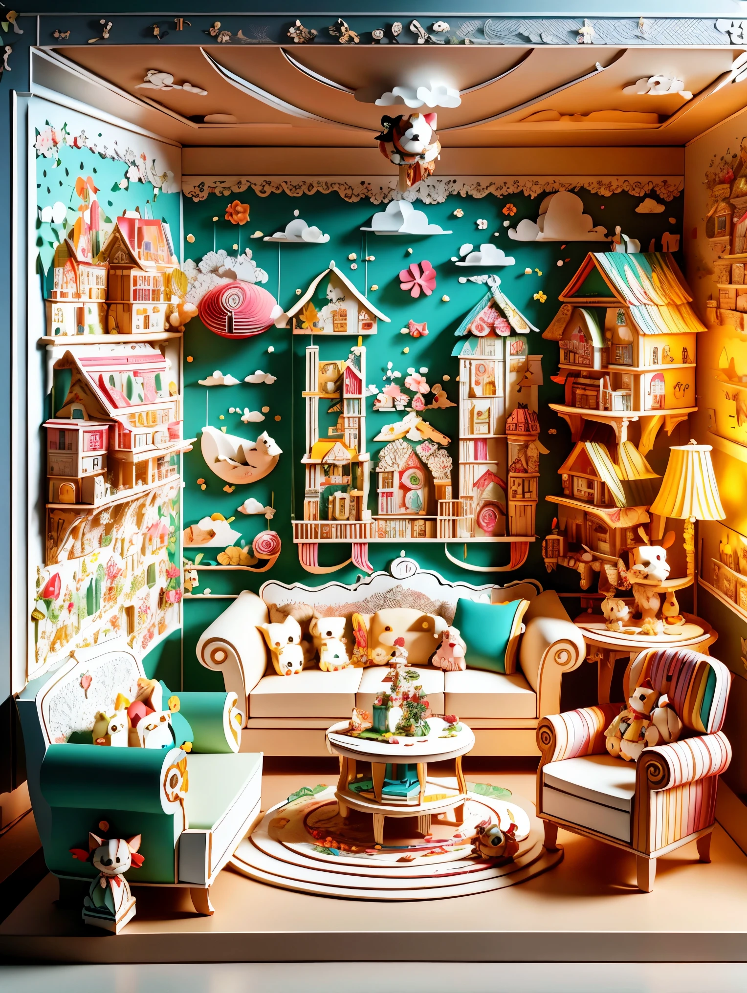 (masterpiece, best quality:1.2), 3d paper cut style,Cartoon,cute,(Living room paper cutting art),俏皮cute的房间装饰,(paper art furniture),(Sofa made from folded and decoupage paper,chairs and tables),Whimsical patterns,(The walls are decorated with animals,flowers,风景等纸艺Cartoon画),Lively and joyful atmosphere