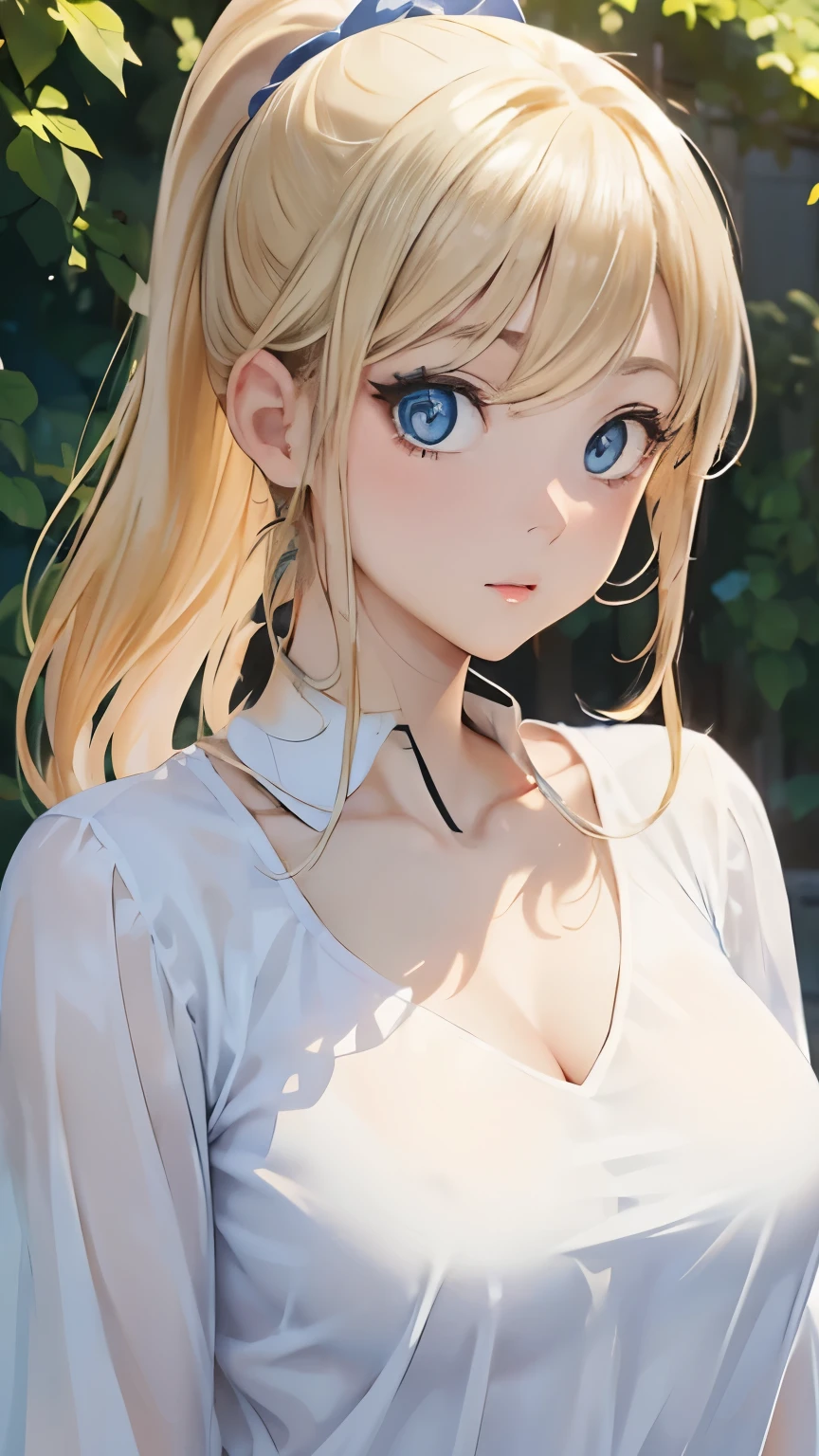 (masterpiece:1.2), (highest quality:1.2),, Curvy but slender body, perfect eyes, perfect face, perfect lighting, 1 girl, in the garden, (blouse),(whole bodyショット),(police officer),(ponytail), fine clothes, detailed outdoor background, compensate, eye shadow, thick eyelashes, fantasy, looking at the viewer, whole body、blue sky、Bright and very beautiful face、young shiny glossy white shiny skin、the best beauty、the most beautiful bright blonde hair in the world、thin hair、long hair、Shining beautiful bangs、big shining blue eyes、Very beautiful and lovely 18 years old, the most beautiful girl in the world、small breasts