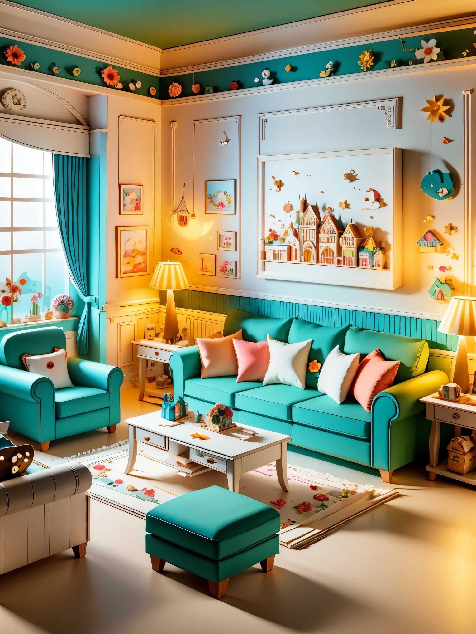 (masterpiece, best quality:1.2), 3d paper cut style,Cartoon,cute,(Living room paper cutting art)