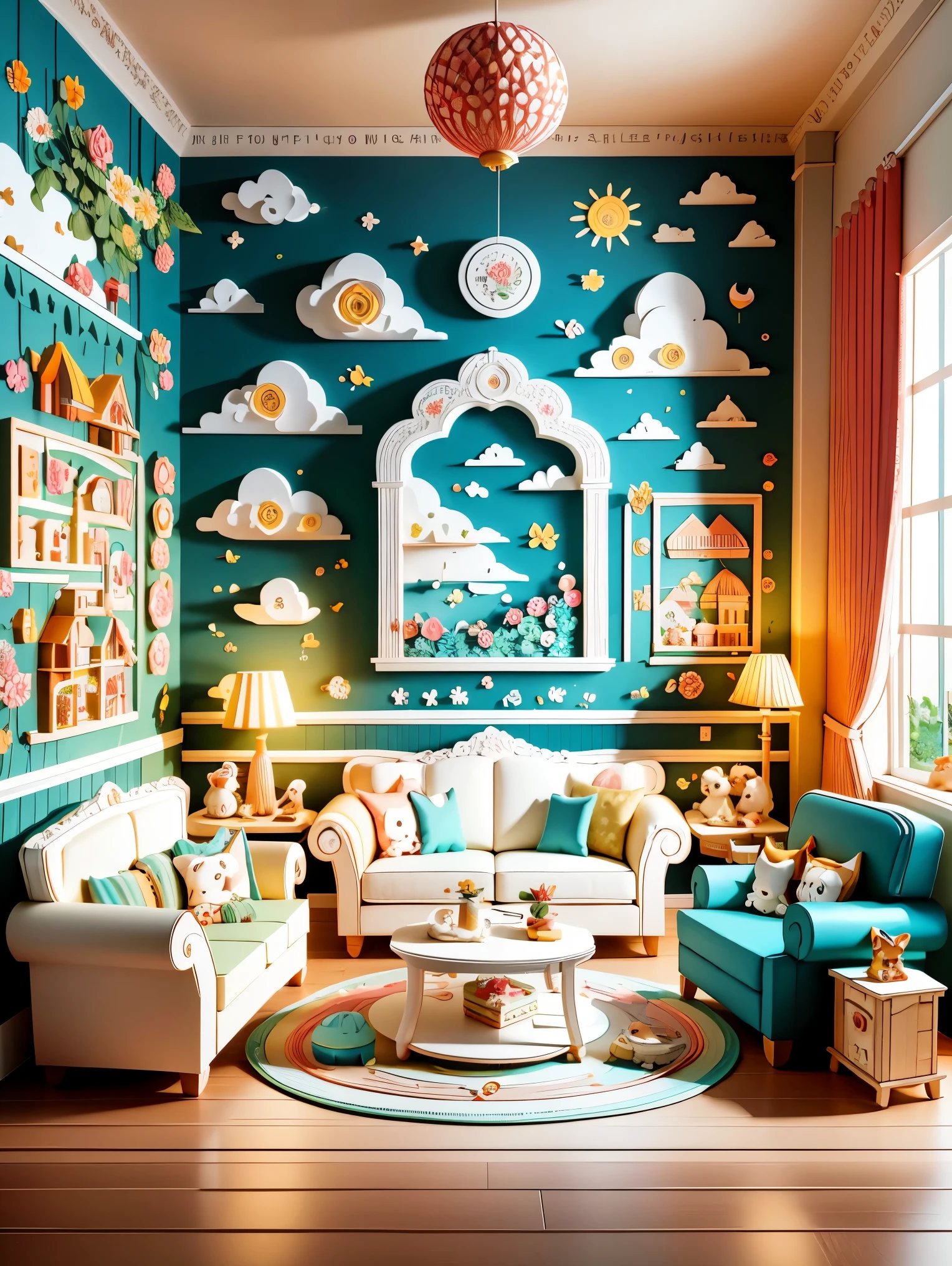 (masterpiece, best quality:1.2), 3d paper cut style,Cartoon,cute,(Living room paper cutting art),俏皮cute的房间装饰,(paper art furniture),(Sofa made from folded and decoupage paper,chairs and tables),Whimsical patterns,(The walls are decorated with animals,flowers,风景等纸艺Cartoon画),Lively and joyful atmosphere