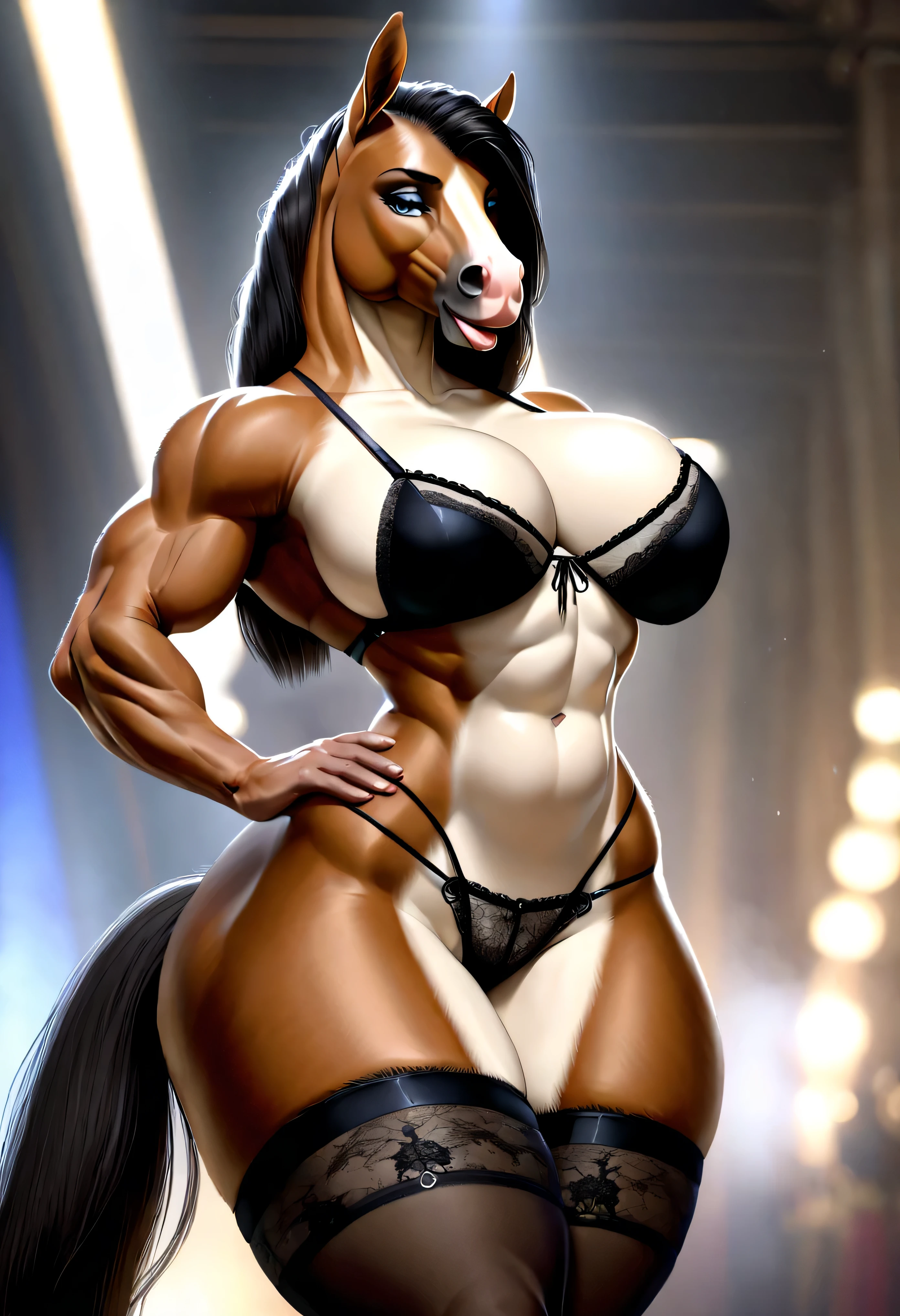 4k highly detailed realistic digital extremely high quality drawing, masterpiece, (by keeltheequine, uploaded on e621), (a full body photo of a sexy horsegirl), (thick lips), (wearing lingerie with stockings), (beautiful and detailed eyes: 1.1), furry anthro, full body fur, busty, bimbo, seductive, sexy, large breasts, muscles, cinematic lighting, (f1.8 short focus bokeh)