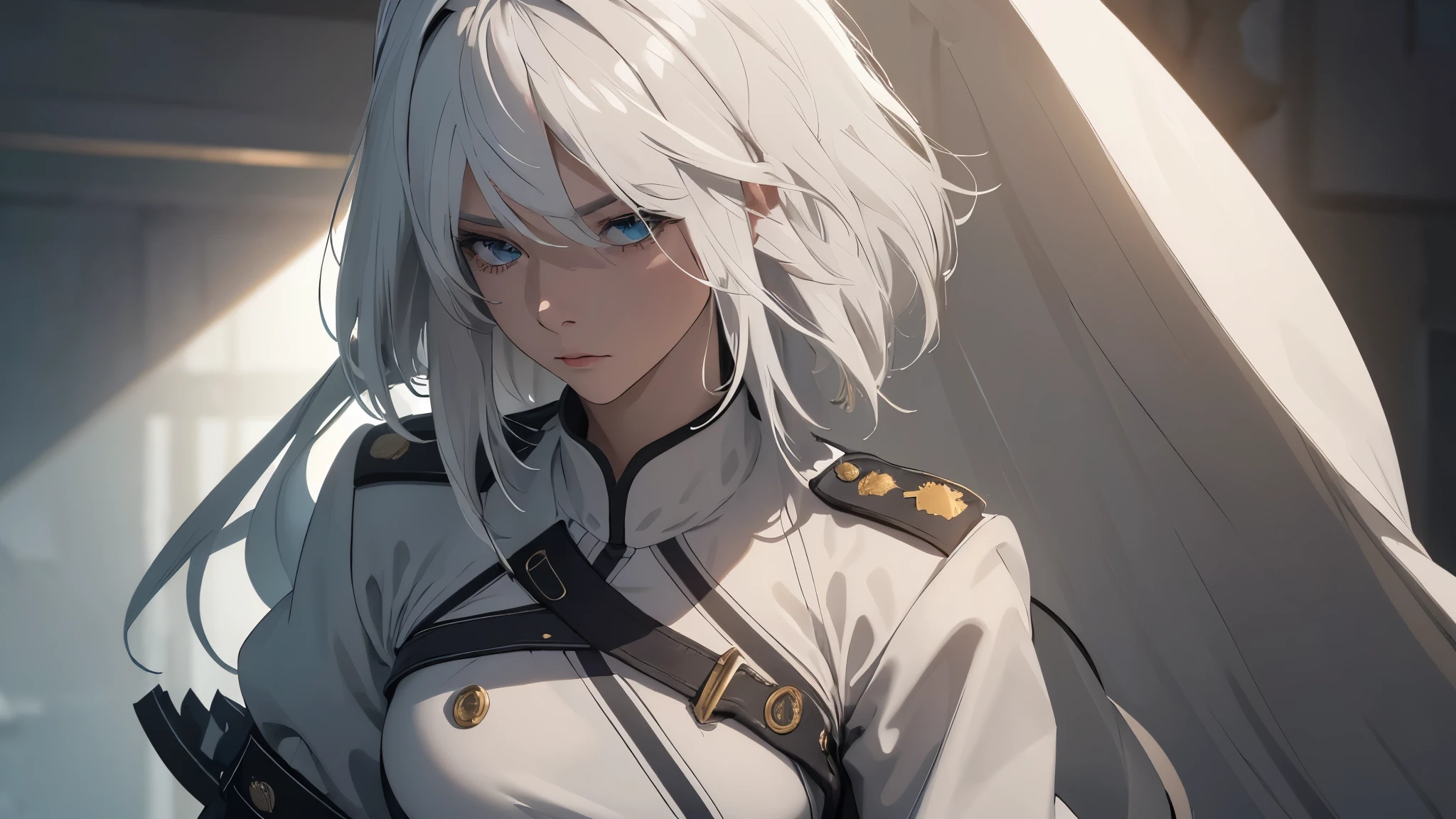 (extremely detailed CG unity 8k wallpaper), (masterpiece), (best quality), (ultra-detailed), (best illustration), (best shadow), (absurdres) ,(detailed eyes), 2b, 1girl, long hair, white hair, solo, Intimidating women, admiral uniform, night, Emotionless , white clothes, General Uniform, Military Uniform, Sunlight, exposed to sunlight, wearing cape, skirt