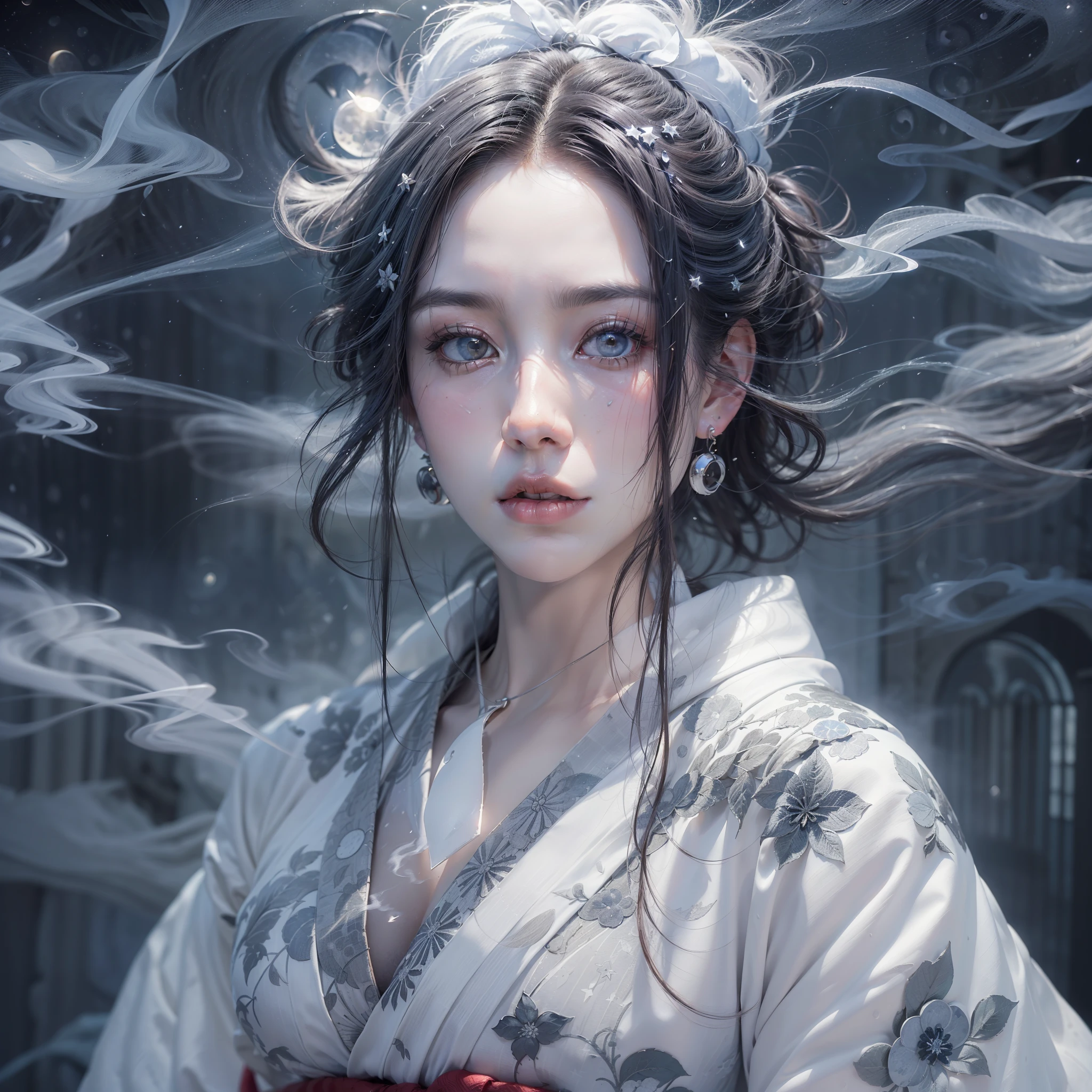 (Award-winning masterpiece, incredibly detailed, textures and maximum detail), (surrealistic:1.4), (stunningly anatomically perfect and beautiful style:1.9), (translucent white skin and top quality realistic textures:1.8), (Yuki-onna in Japanesefolk tales:1.6), (precise perfect circle, symmetrical jet-black eyes), (detailed and breathtakingly beautiful face:1.6), (aesthetic and decadent atmosphere:1.7), (calm white old Japanese kimono covering the whole body is damaged in some places, elegantly and delicately patterned:1.8), (fair complexion but fair skin and face:1.6), (beautiful, windswept glossy hair:1.8), (Oiran's Hyogomage:0.6), (wearing decadent, delicately crafted accessories:1.8), (depraved beauty:1.6), (jet black eyes that seem to glow strongly from within:1.7), (skin less exposed), (strong moonlight coming from overhead:1.7), ((dramatic photo)), ((cinematic light)), (looking up), (looking down), (dramatic pose), (smoke effect and mesmerizing light:1.4), (bamboo thicket in the back:0.3), Amida Hall in the back, vermilion torii gate(Fog:1.3), wind effects, swirling snow, winter storm, wind and rain, (fog drifting:1.3), blizzard ice field, moonlit silent snowfield, midnight snowy town, (dark night, full moon night, crescent moon night), grand realistic, faded, ((neutral tones)), art, (HDR:1.5), (muted colors:1.2), highly detailed, (artstation:1.5), cinematic, warm light, light effects, dramatic light, (complex details:1.1), complex background, (greg latkowski:0.8), (teal and orange:0.4)