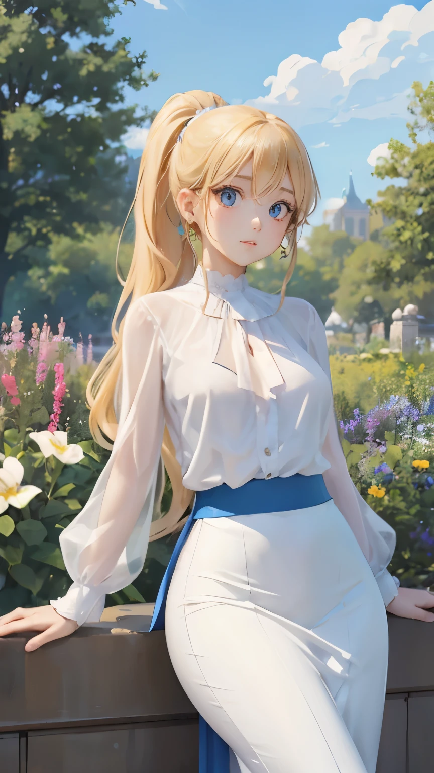 (masterpiece:1.2), (highest quality:1.2),, Curvy but slender body, perfect eyes, perfect face, perfect lighting, 1 girl, in the garden, (blouse),(whole bodyショット),(long skirt),(ponytail), fine clothes, detailed outdoor background, compensate, eye shadow, thick eyelashes, fantasy, looking at the viewer, whole body、blue sky、Bright and very beautiful face、young shiny glossy white shiny skin、the best beauty、the most beautiful bright blonde hair in the world、thin hair、long hair、Shining beautiful bangs、big shining blue eyes、Very beautiful and lovely 18 years old, the most beautiful girl in the world、small breasts