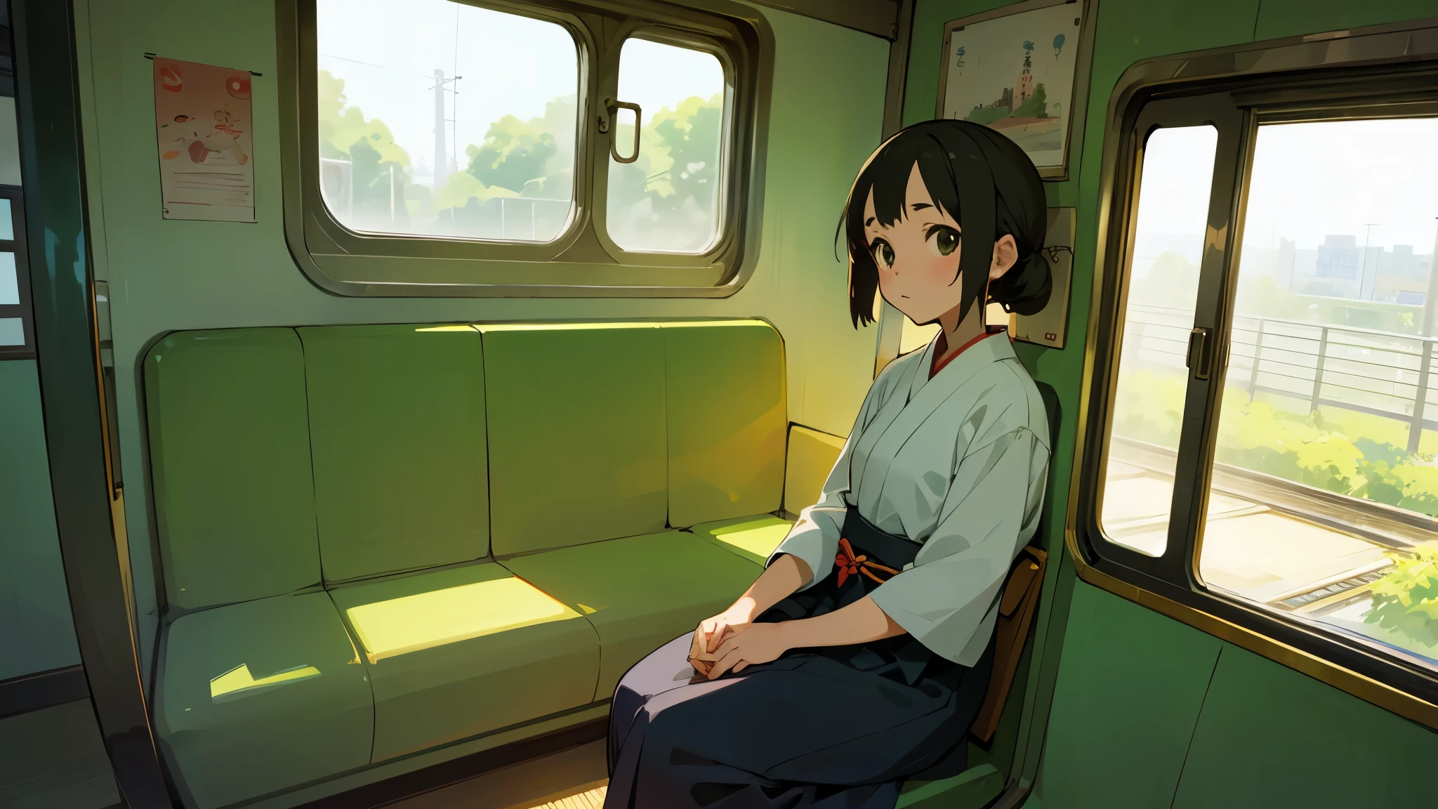  girl, cute , japanse, sitting in a train, ghibli style, looking out the window