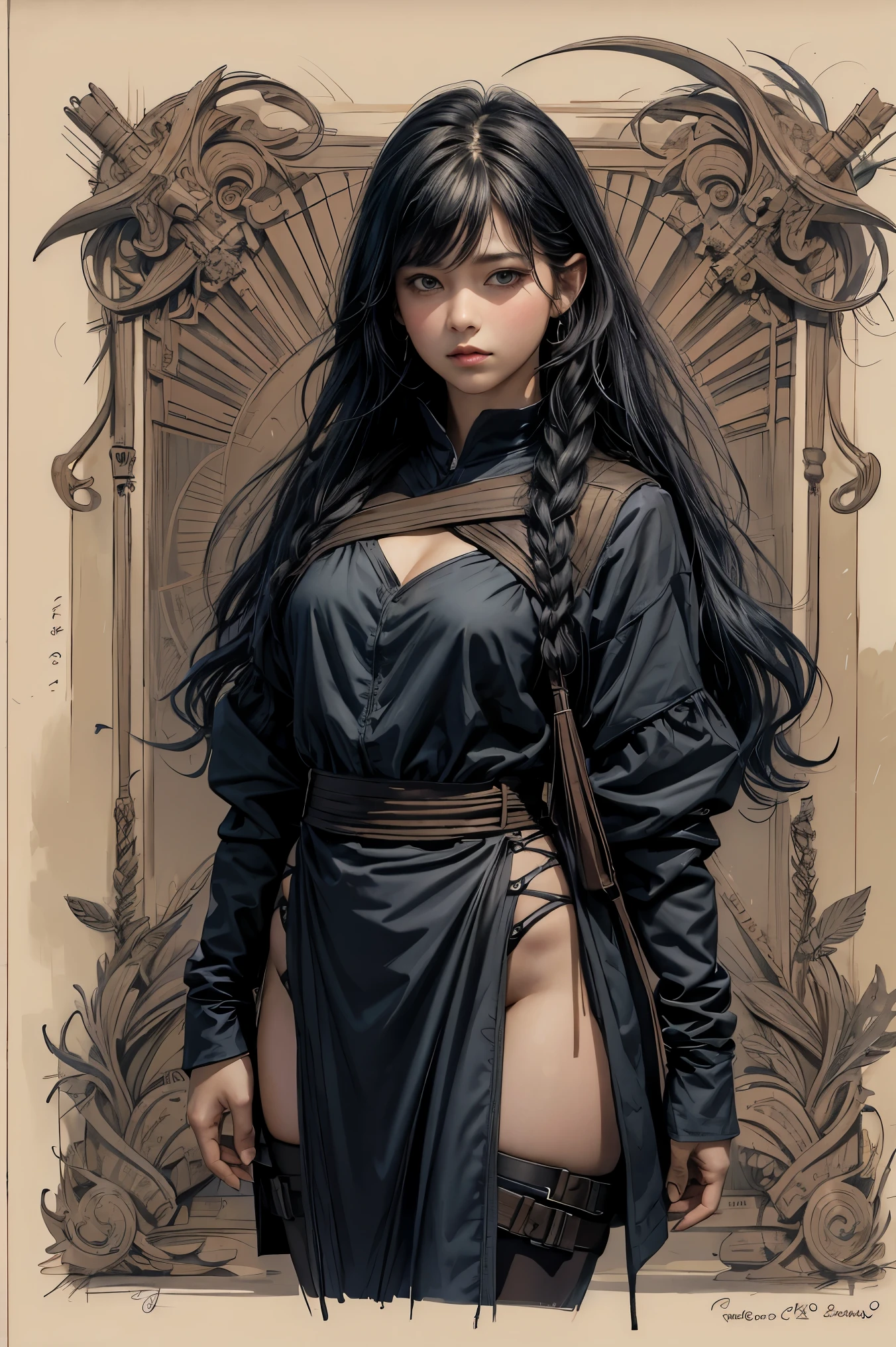 Hinata Hyūga, color pieces, sketchbook, hand drawn sketch, dark sketch, boy name, realist, Tuscany, Combination of thick dark lines and loose lines, thick line, On paper, rotating character sheet, female, whole body, mysterious symbol, speech, dark environment, Partially braided wavy blue hair, beautiful, attractive, ropa de cuero acolchado con speech bordadas, modestas botas de cuero bordadas con speech fondo oscuro, in great detail, Thick lines, distorted background