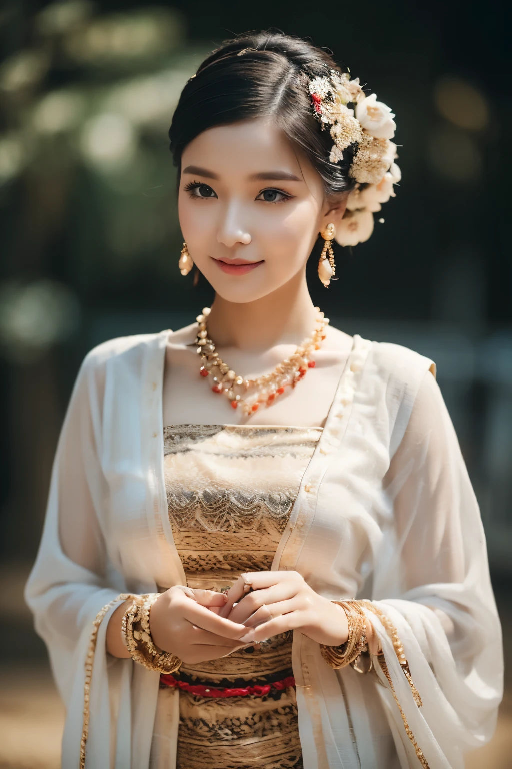 (best quality,4k,8k,highres,masterpiece:1.2),ultra-detailed,(realistic,photorealistic,photo-realistic:1.37),stunning Burmese patterned traditional dress lady, MMTD BURMESE PATTERNED TRADITIONAL DRESS WEAR BEAUTIFUL queen,WEAR PEARL NECKLACES AND GOLD BRACELETS,FULL BODY DETAILS BEAUTY, beautifully adorned,eye-catching brocade patterns,rich and vibrant colors,detailed embroidery work,exquisite textures,meticulously handcrafted dress,vividly captures the essence of Burmese culture,traditional floral motifs,graceful silhouette,fine folds and pleats,accentuates the lady's elegance,black single bun hair with flower,intricately arranged hairpiece,delicate and feminine,adds a touch of sophistication,soft yet confident expression,deep and captivating eyes,lustrous lips with a hint of a smile,flawless complexion,golden accessories,polished and refined,mesmerizing presence,subtle lighting,dramatic shadows,showcases the lady's grace and beauty,immersive visual experience, full body photoshoot, perfect body, perfect hands, big bust.