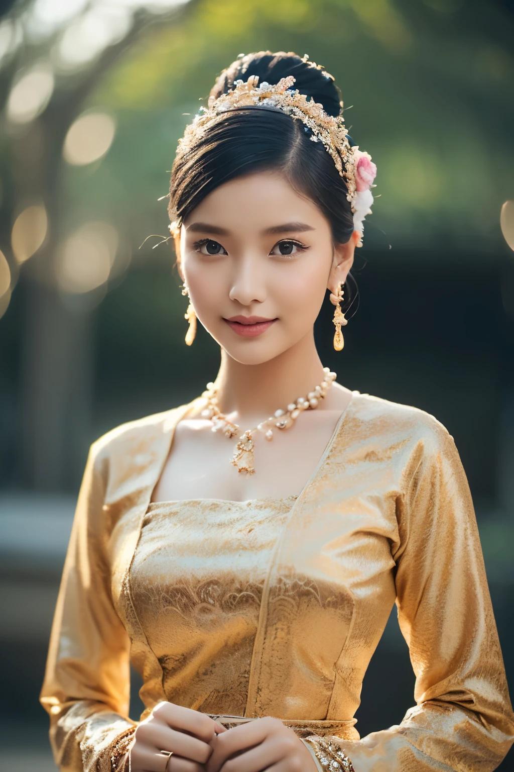 (best quality,4k,8k,highres,masterpiece:1.2),ultra-detailed,(realistic,photorealistic,photo-realistic:1.37),stunning Burmese patterned traditional dress lady, MMTD BURMESE PATTERNED TRADITIONAL DRESS WEAR BEAUTIFUL queen,WEAR PEARL NECKLACES AND GOLD BRACELETS,FULL BODY DETAILS BEAUTY, beautifully adorned,eye-catching brocade patterns,rich and vibrant colors,detailed embroidery work,exquisite textures,meticulously handcrafted dress,vividly captures the essence of Burmese culture,traditional floral motifs,graceful silhouette,fine folds and pleats,accentuates the lady's elegance,black single bun hair with flower,intricately arranged hairpiece,delicate and feminine,adds a touch of sophistication,soft yet confident expression,deep and captivating eyes,lustrous lips with a hint of a smile,flawless complexion,golden accessories,polished and refined,mesmerizing presence,subtle lighting,dramatic shadows,showcases the lady's grace and beauty,immersive visual experience, full body photoshoot, perfect body, perfect hands, big bust.