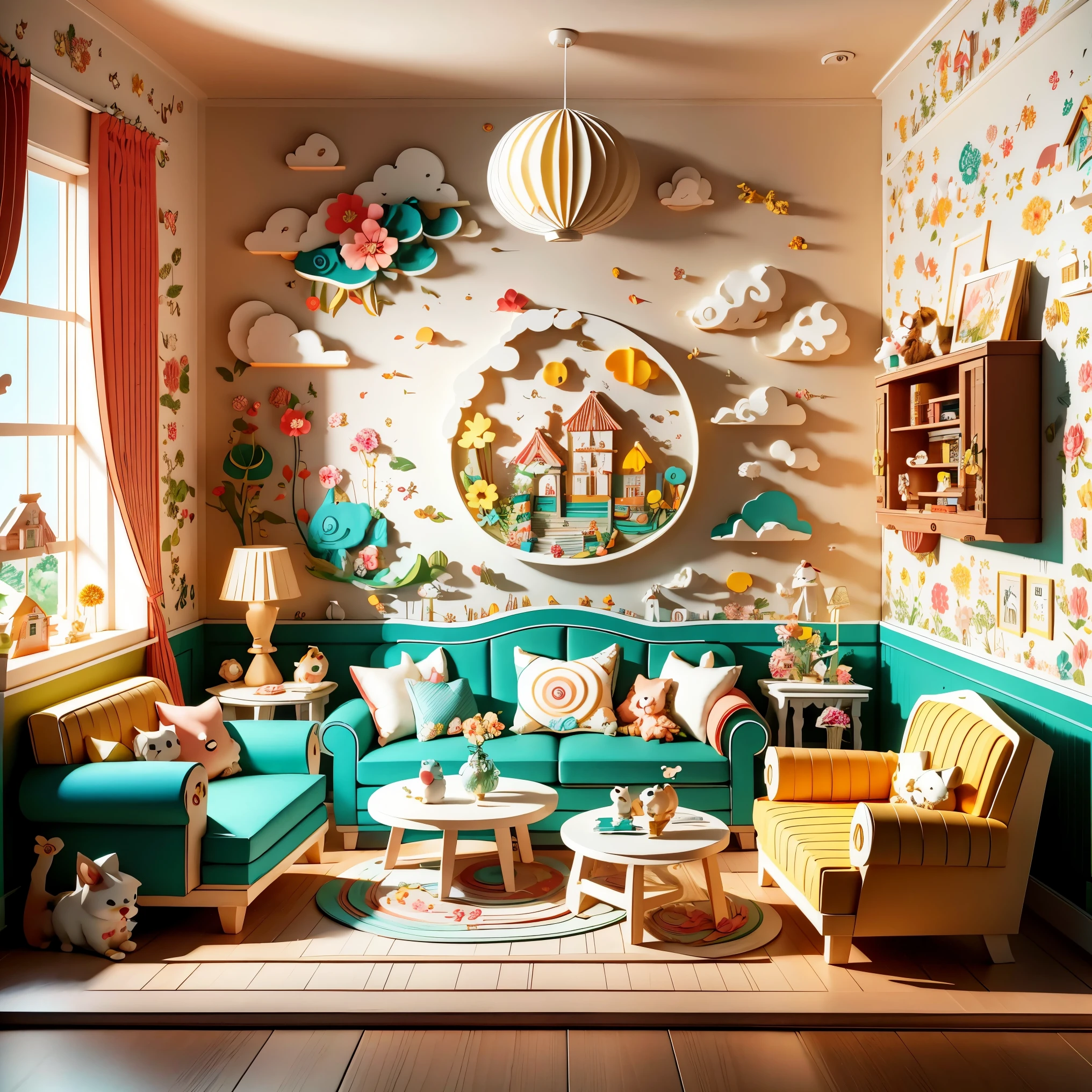 (masterpiece, best quality:1.2), 3d paper cut style,Cartoon,cute,(Living room paper cutting art),俏皮cute的房间装饰,(paper art furniture),(Sofa made from folded and decoupage paper,chairs and tables),Whimsical patterns,(The walls are decorated with animals,flowers,风景等纸艺Cartoon画),Lively and joyful atmosphere