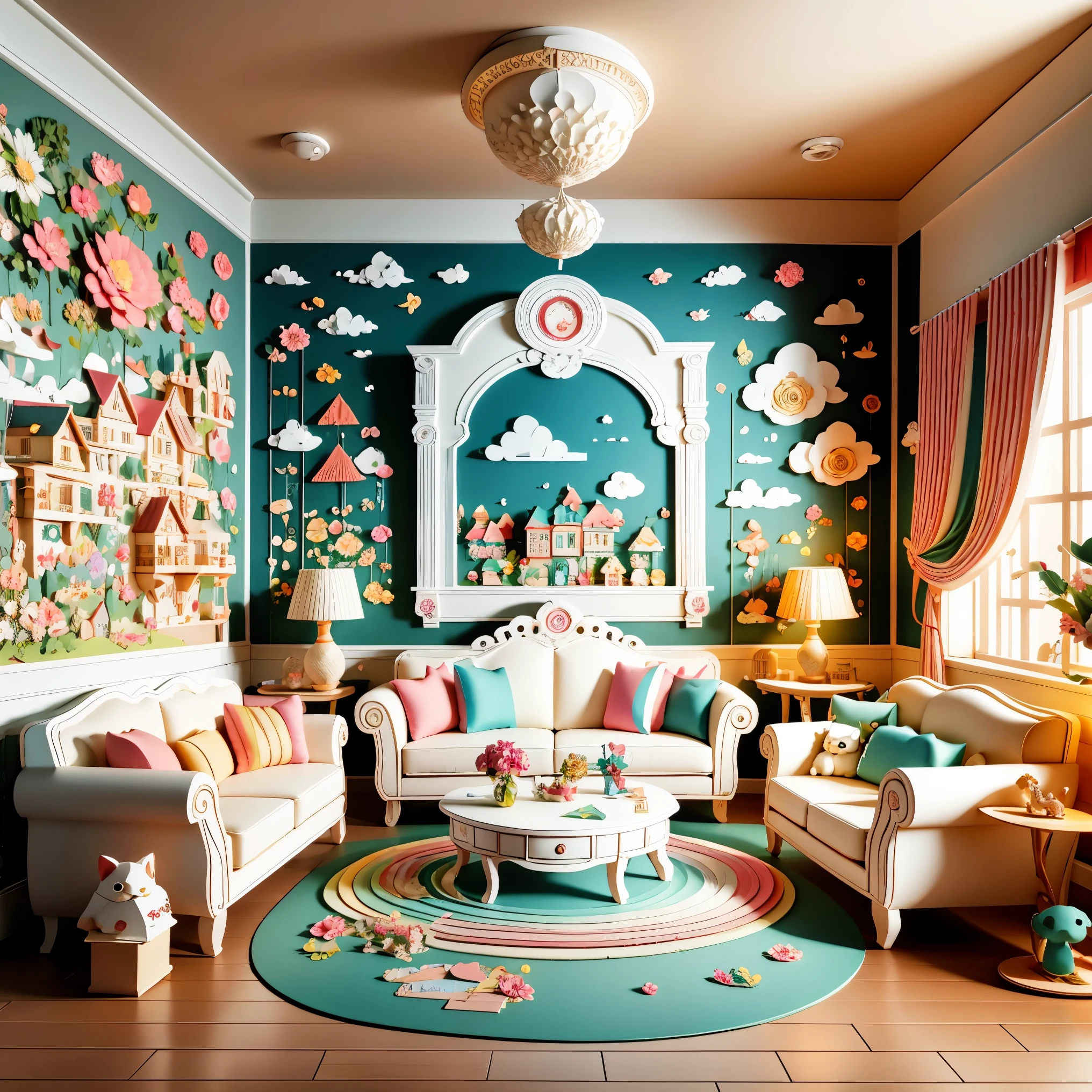 (masterpiece, best quality:1.2), 3d paper cut style,Cartoon,cute,(Living room paper cutting art),俏皮cute的房间装饰,(paper art furniture),(Sofa made from folded and decoupage paper,chairs and tables),Whimsical patterns,(The walls are decorated with animals,flowers,风景等纸艺Cartoon画),Lively and joyful atmosphere