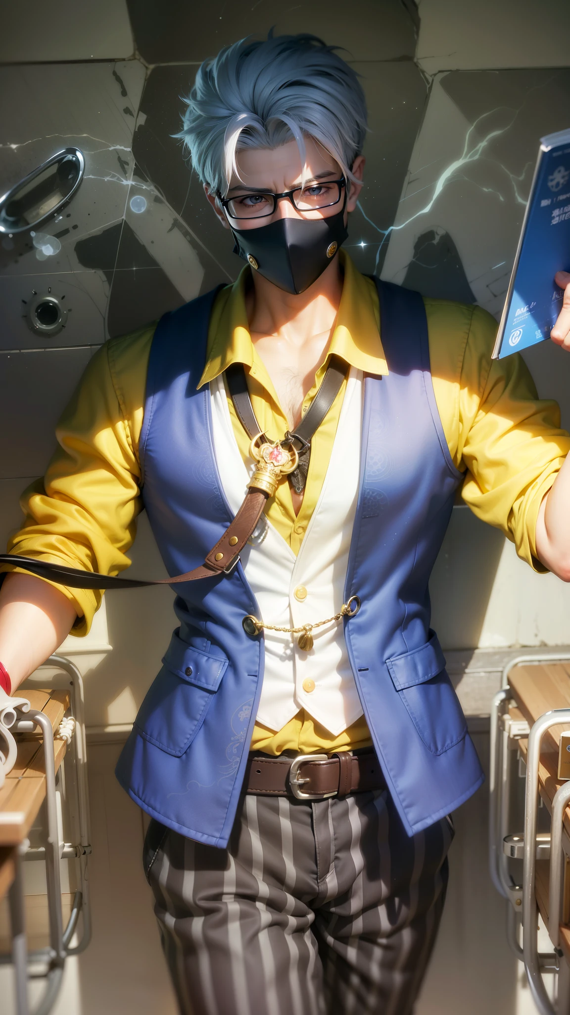 masculine male, masterpiece, ((perfect eyes)) best quality, (semirealism:1.9), beautiful lighting, (extremely detailed CG unity 4k fhd wallpaper), High Detail, Sharp focus, dramatic outdoors, 1 boy ,25 years old, white short hair, yellow eyes, anime character with a mask and glasses holding a book, inspired by Cao Buxing, range murata and artgerm, style ivan talavera and artgerm, style of artgerm, sakimichan frank franzzeta, artgerm. high detail, character splash art, inspired by Huang Shen, artgerm. anime illustration.