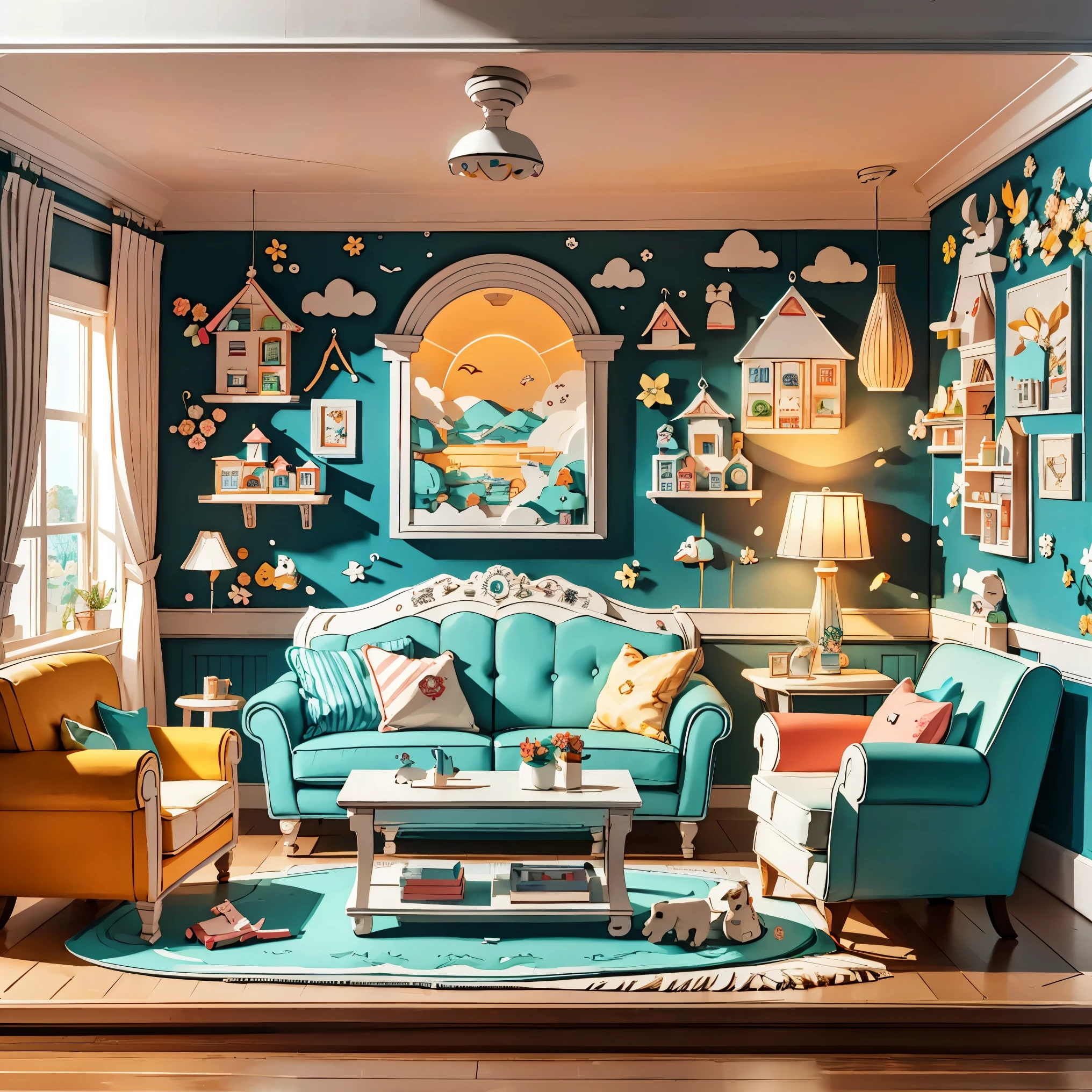 3d paper cut style,Cartoon,cute,(Living room paper cutting art),俏皮cute的房间装饰,(paper art furniture),(Sofa made from folded and decoupage paper,chairs and tables),Whimsical patterns,(The walls are decorated with animals,flowers,风景等纸艺Cartoon画),Lively and joyful atmosphere