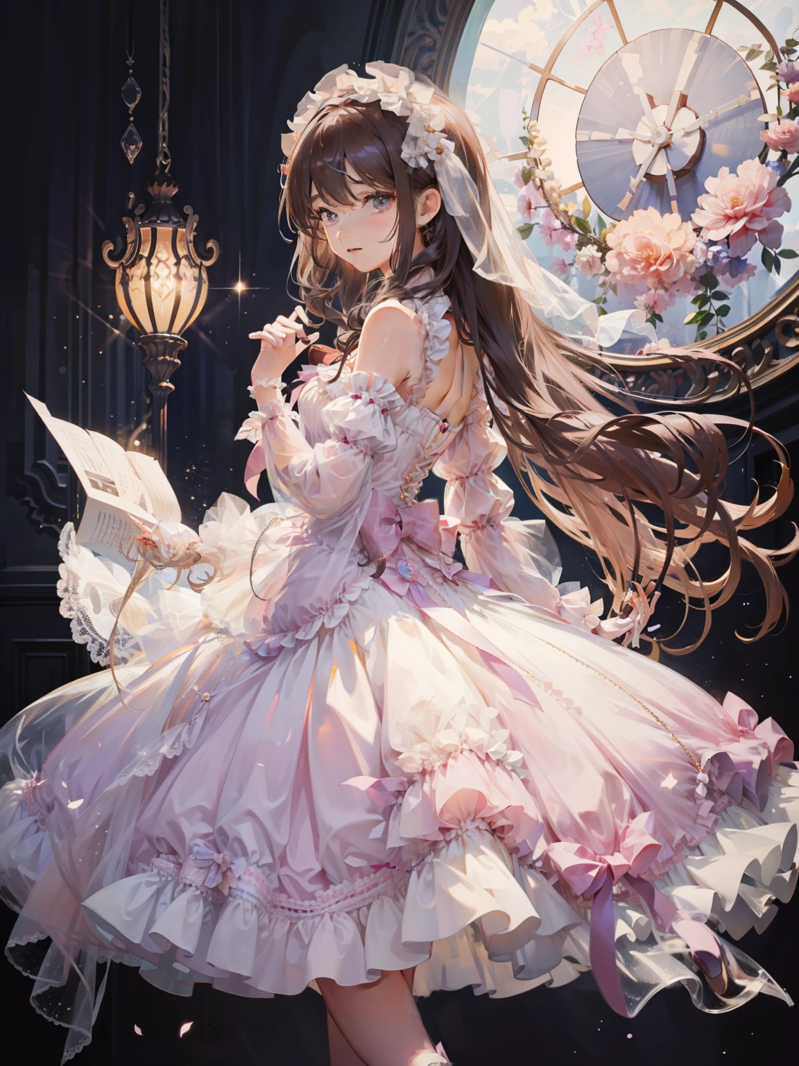(very delicate and beautiful:1.5),1 girl, standing on one's own feet,full body esbian,cute face,light smile,by bangs, jewel eyes, Backlight,long curly hair, ta dress, brown hair, please shut your mouth, seen from the side, lanthanum, particles of light, long sleeves, looking at the viewer,pink bow,solo