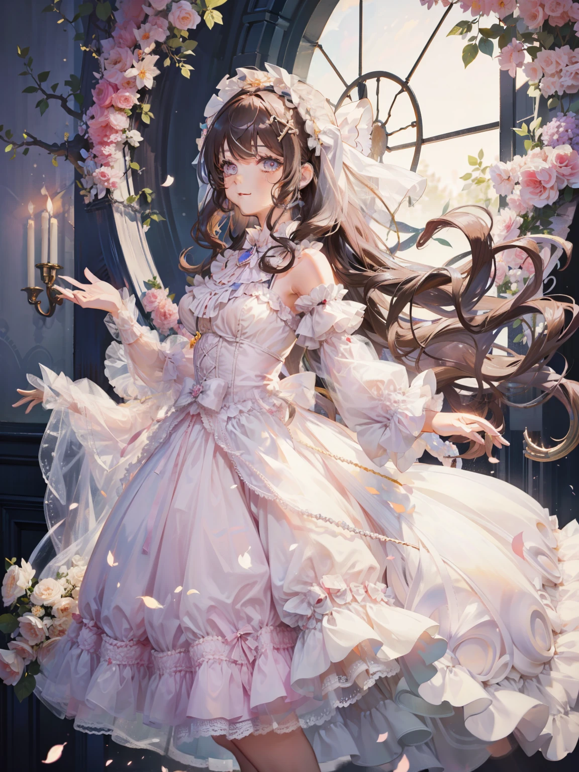 (very delicate and beautiful:1.5),1 girl, standing on one's own feet,full body esbian,cute face,light smile,by bangs, jewel eyes, Backlight,long curly hair, ta dress, brown hair, please shut your mouth, seen from the side, lanthanum, particles of light, long sleeves, looking at the viewer,pink bow,solo