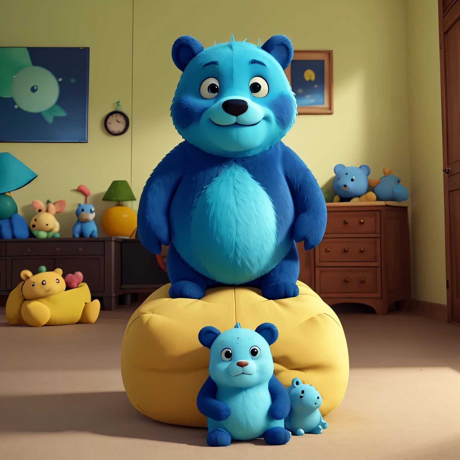 tonton friends Winnie the blue timid bear wearing big round black and thick spectacle feel sad and hug a light green worm plush toy while laying on a yellow pillow, his best friend the giant white fat rabbit tonton friends tobi comforting the blue bear and pet pet the head. 3d image, 4k resolution