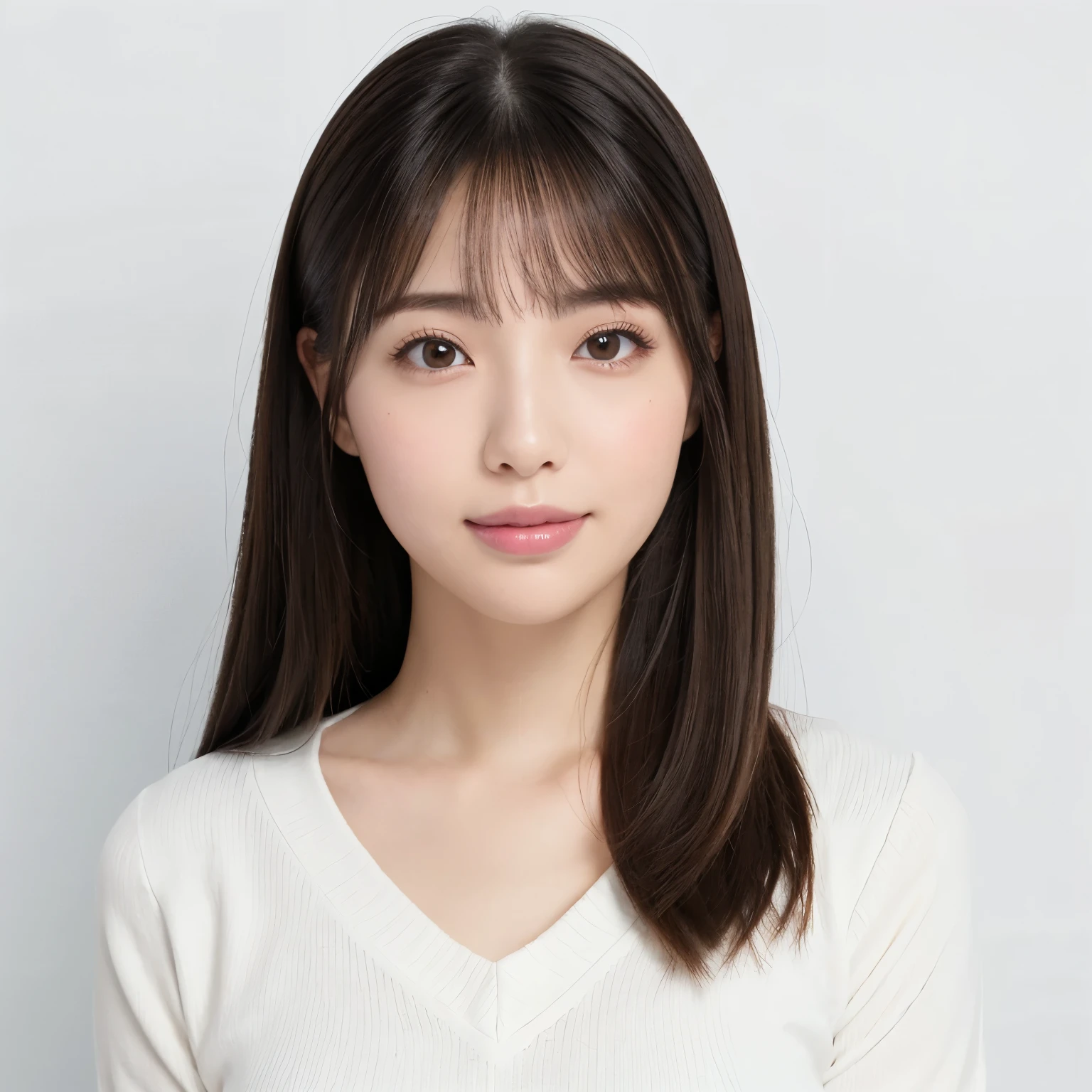 (highest quality、table top、8k、best image quality、Award-winning work)、one cute high school girl、(solo:1.1)、straight medium hair、perfect bangs、(Perfect see-through V-neck knit:1.1)、(The simplest pure white background:1.3)、(Perfectly fixed to the front:1.1)、close up of face、(very big breasts:1.2)、(emphasize body line:1.2)、close up of face、(Perfect frontal and horizontal portrait of a woman with adequate white space:1.2)、(Depicting a woman perfectly horizontally and frontally:1.2)、beautiful and detailed eyes、look at me and smile、(Upright photo from the chest up:1.2)、(Please turn and look straight at me:1.2)、perfect makeup、Ultra high definition beauty face、ultra high definition hair、Super high-definition sparkling eyes、Super high resolution glossy lips、accurate anatomy、very beautiful skin、(Super high-definition sparkling pure white skin:1.1)、Graceful upright posture seen from the front、(very bright:1.2)