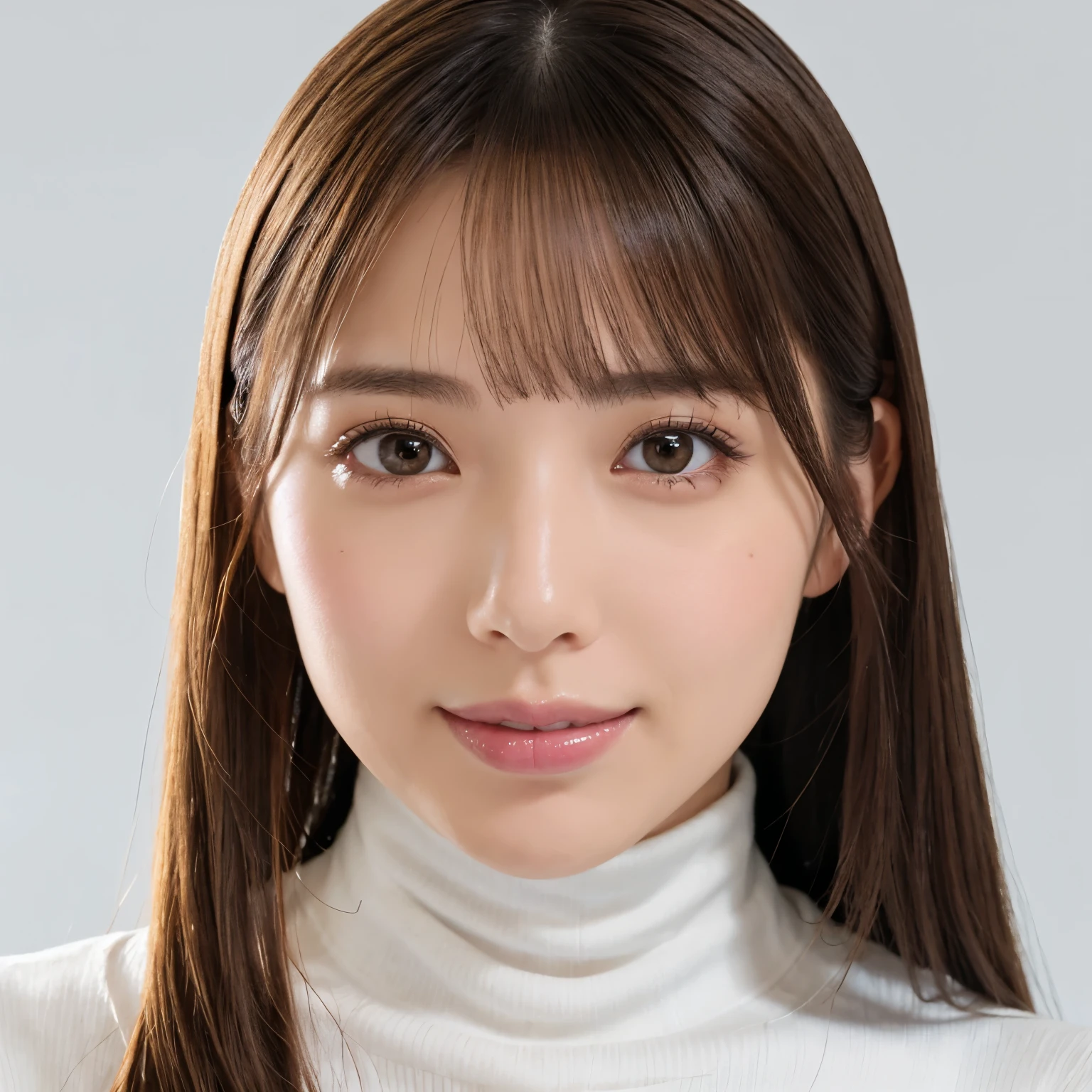 (highest quality、table top、8k、best image quality、Award-winning work)、one cute high school girl、(solo:1.1)、straight medium hair、perfect bangs、(Perfect see-through turtleneck knit:1.3)、(The simplest pure white background:1.3)、(Perfectly fixed to the front:1.1)、close up of face、(very big breasts:1.2)、(emphasize body line:1.2)、close up of face、(Perfect frontal and horizontal portrait of a woman with adequate white space:1.2)、(Depicting a woman perfectly horizontally and frontally:1.2)、beautiful and detailed eyes、look at me and smile、(Upright photo from the chest up:1.2)、(Please turn and look straight at me:1.2)、perfect makeup、Ultra high definition beauty face、ultra high definition hair、Super high-definition sparkling eyes、Super high resolution glossy lips、accurate anatomy、very beautiful skin、(Super high-definition sparkling pure white skin:1.1)、Graceful upright posture seen from the front、(very bright:1.2)