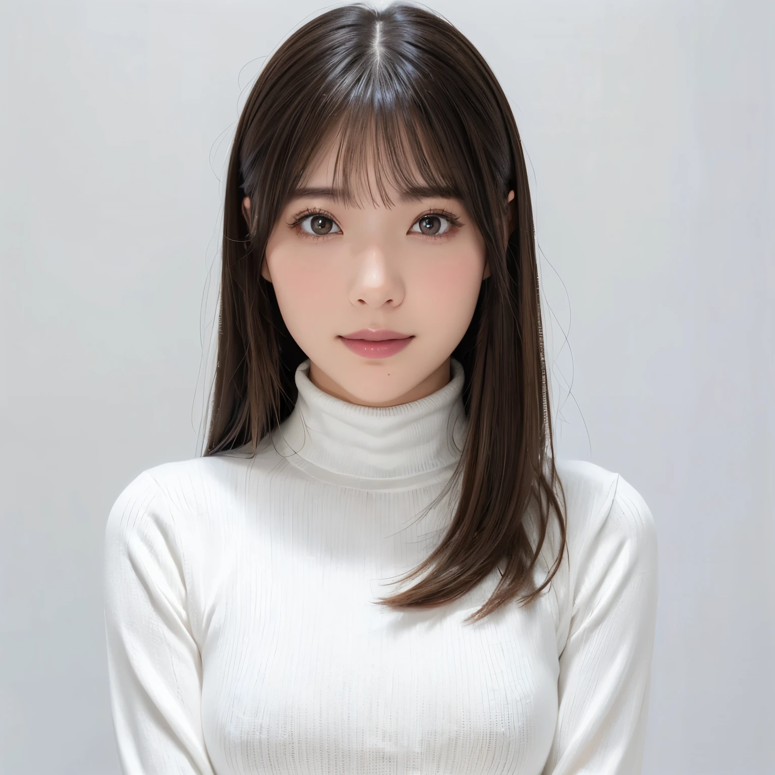 (highest quality、table top、8k、best image quality、Award-winning work)、one cute high school girl、(solo:1.1)、straight medium hair、perfect bangs、(Perfect see-through turtleneck knit:1.3)、(The simplest pure white background:1.3)、(Perfectly fixed to the front:1.1)、close up of face、(very big breasts:1.2)、(emphasize body line:1.2)、close up of face、(Perfect frontal and horizontal portrait of a woman with adequate white space:1.2)、(Depicting a woman perfectly horizontally and frontally:1.2)、beautiful and detailed eyes、look at me and smile、(Upright photo from the chest up:1.2)、(Please turn and look straight at me:1.2)、perfect makeup、Ultra high definition beauty face、ultra high definition hair、Super high-definition sparkling eyes、Super high resolution glossy lips、accurate anatomy、very beautiful skin、(Super high-definition sparkling pure white skin:1.1)、Graceful upright posture seen from the front、(very bright:1.2)