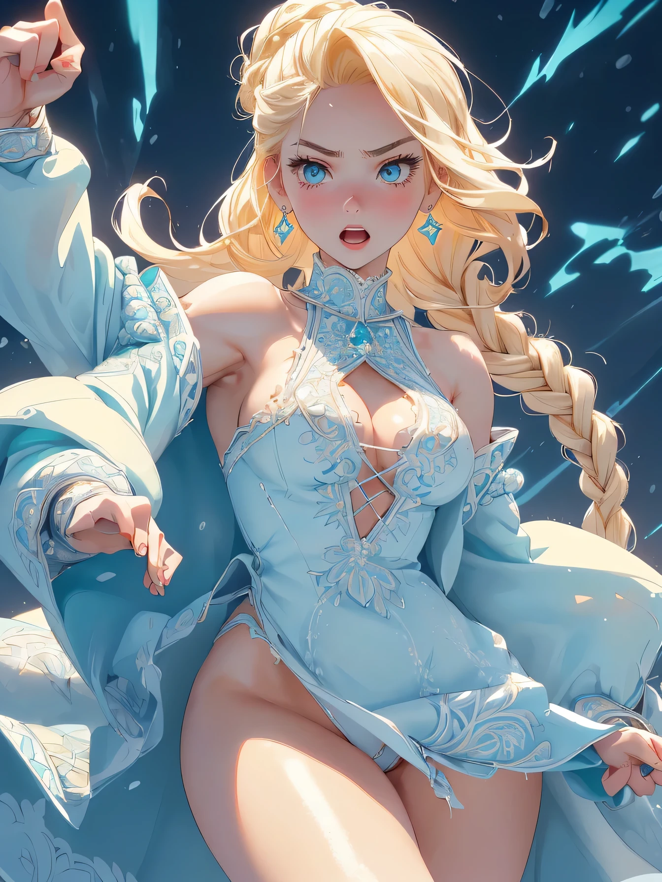 nsfw:1.1, high resolution:1.7, incredibly absurdres, kawaii:1, cute:1.5, hires.fix,incredibly fine illustration,8k,masterpiece:1.2,best quality, high quality, exquisite, beautiful, insanely detailed, intricate detailed, extremely detailed, Super Definition, ultra high res, Super Resolution, best aesthetic, ultra detailed:1.5, best quality, perfect face, detailed face, masterpiece:1.2, illustration:1.2, 8k cg wallpaper, stunning art,Young girl,(blonde single braid:1.2),(hair, Realistic:1),martial arts master,(action pose: 1.4),dynamic angle,sword dance,blue lightning effect,(eye after glow: 1.3),big bright blue eyes,Shining eyes beautiful detailed eyes),serious expression, speedy punch, outdoors,(((aqua fur coat, aqua fur coat outfit, wearing a ice dress:1.3,aqua winter coat))), ((ice dress,elegant ice dress)),(white gloves,white clothes,(((intricate outfit,intricate clothes,embroidered outfit,ornate outfit,embroidered clothes,ornate clothes))),(dynamic pose:1.0),embarrassed,(centered,scale to fit dimensions,Rule of thirds),((snowy pine forest)),winter,(((It's torn and her genitals are visible))).torn clothes,broken clothes,((open legs)), ((((spread legs)))),(((opened her female privates:1.4))),(((wide opened female privates,fingers:1.2))),(((embarrassment stuck to the flesh wall of her female privates:1.2))),(((opened female privates:1.2))),(((kupaa:1.2))),((perfect pussy)), ((detailed pussy)),((spread pussy)),nude,naked,bottomless,topless,(embarrassed),blush stickers,Garter Belt,Bare shoulders,Beautiful breasts,Full body,(Perfect body),((Check out our thru-rack chokers and midi rings with chains,pale skin,Faint lips,embarrassed,Open mouth