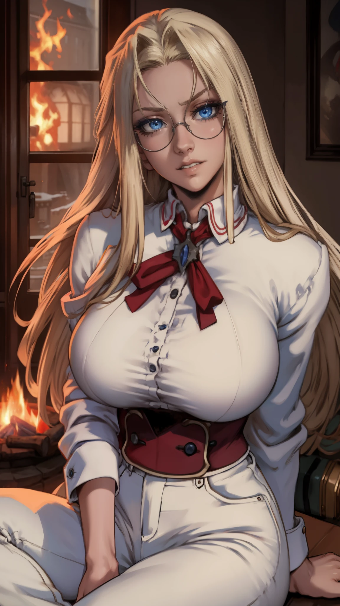 masterpiece, best quality, integr hellsing, integra, 1girl, solo, white pants, long sleeves , sitting, campfire, warm lighting , , annoyed, head tilt, looking to the side, gigantic breasts, breast focus,  boob window, bare breasts, arms at side, arms behind back, Detailed face, Detailed blue eyes, Detailed face, blue eyes, perfect eyes, perfect face