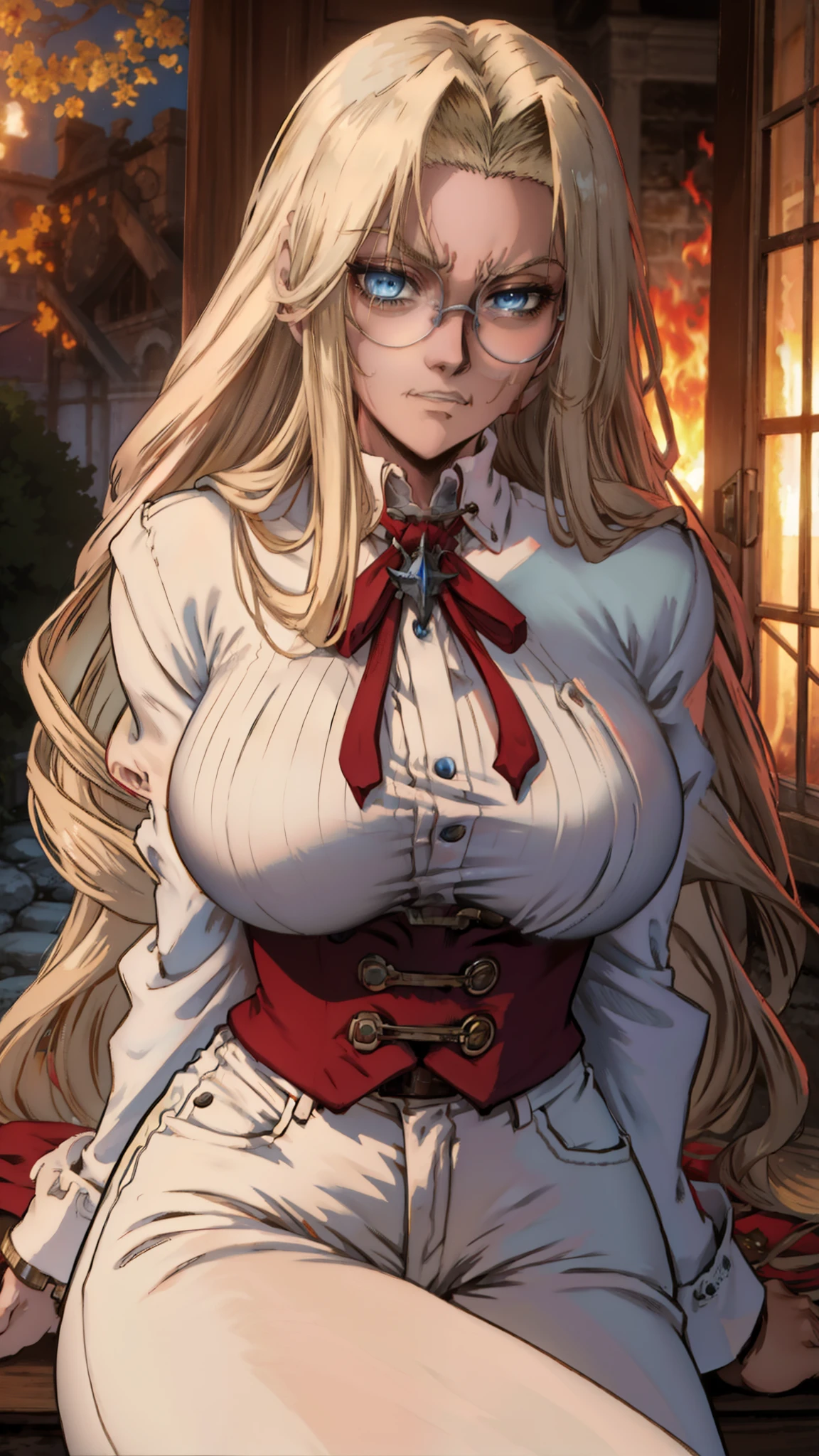 masterpiece, best quality, integr hellsing, integra, 1girl, solo, white pants, long sleeves , sitting, campfire, warm lighting , , annoyed, head tilt, looking to the side, gigantic breasts, breast focus,  boob window, bare breasts, arms at side, arms behind back, Detailed face, Detailed blue eyes, Detailed face, blue eyes, perfect eyes, perfect face