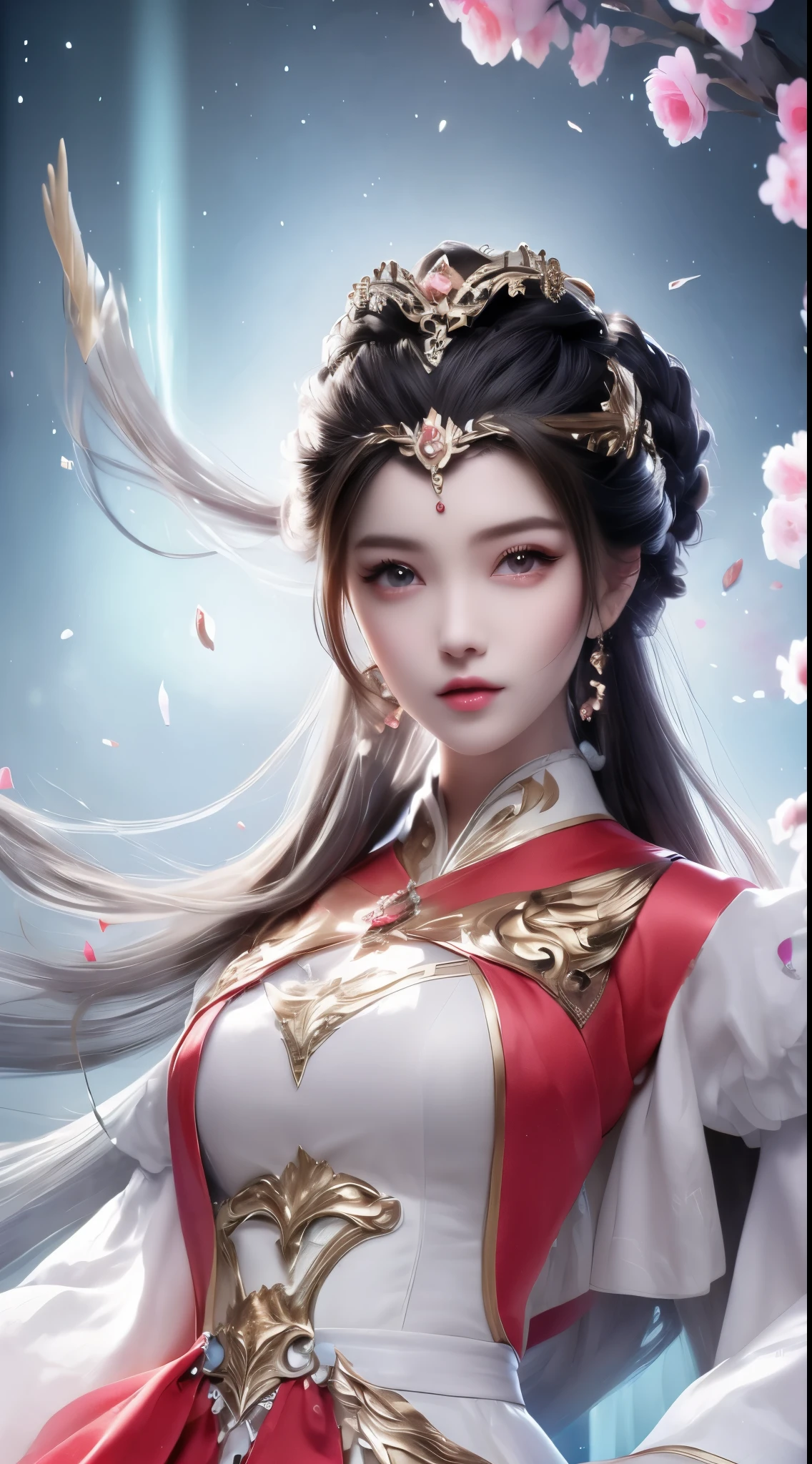 8K Ultra HD, Master brother, a girl, Good face, detailed, Eye, beautiful lips, Hair is very red, Spread your hair, medium breasts, Wedding dress, pink skirt, In the park, flying bird, luminescent, it's clear, sitting, whole body capture,