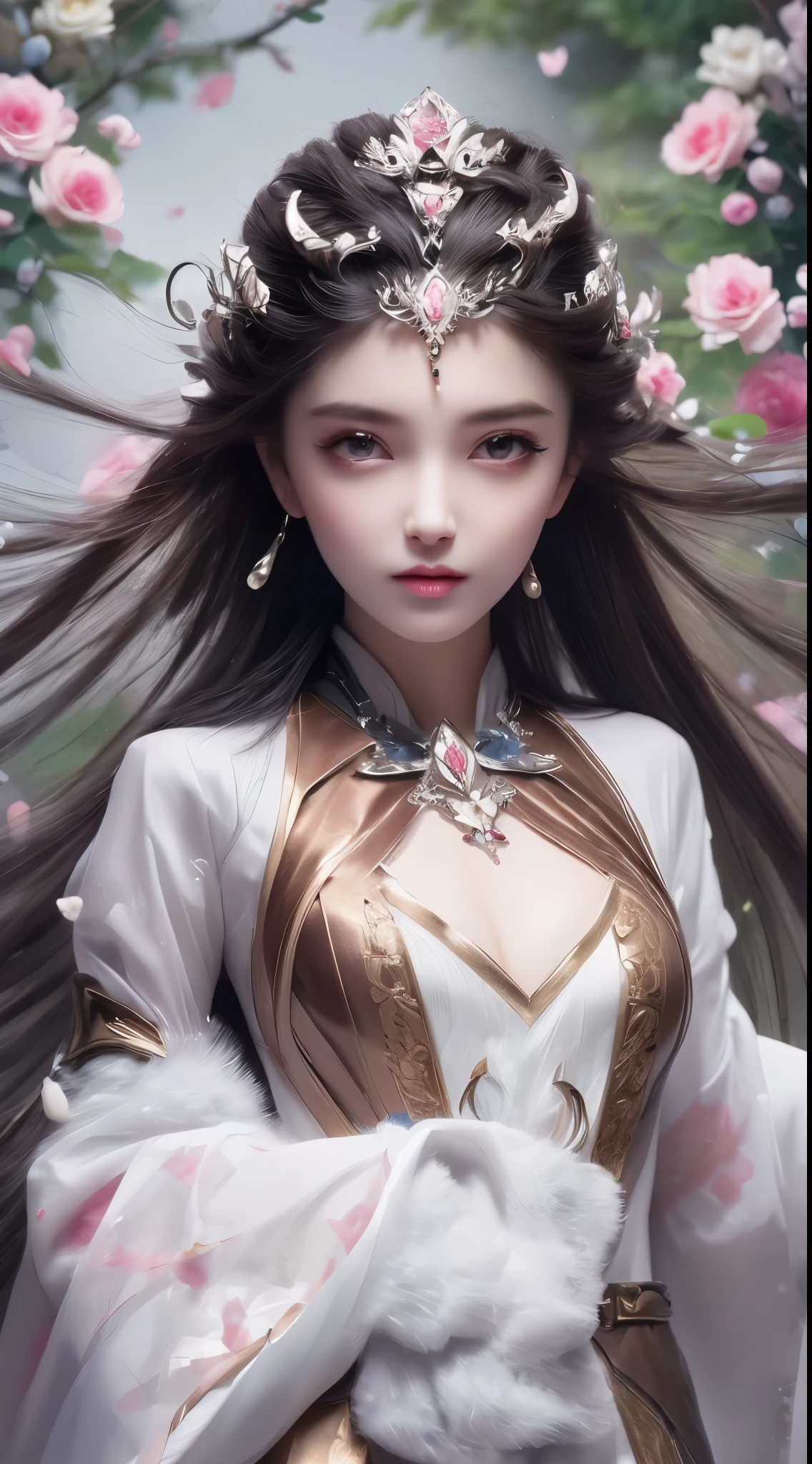 8K Ultra HD, Master brother, a girl, Good face, detailed, Eye, beautiful lips, Hair is very red, Spread your hair, medium breasts, Wedding dress, pink skirt, In the park, flying bird, luminescent, it's clear, sitting, whole body capture,