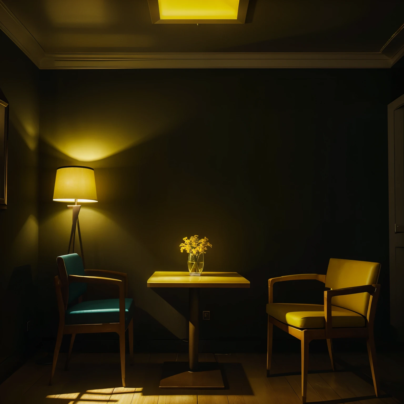 A dim lit living room with only two chairs and a table, square neon lights on a wall shining a dark moody yellow light in the scene, the yellow light providing a yellow color grading, cinematic lighting, 32k, ultra HD, hyper-realistic image , octane 3d rendering 