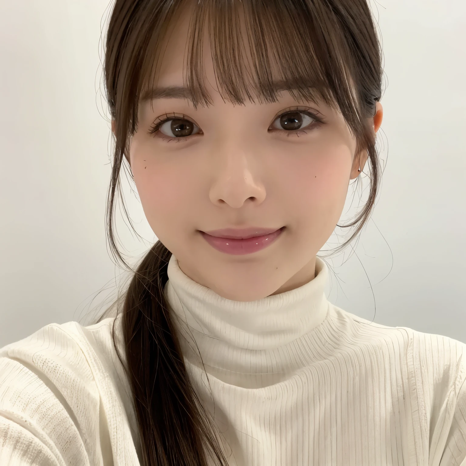 (highest quality、table top、8k、best image quality、Award-winning work)、one cute high school girl、(solo:1.1)、straight medium hair、perfect bangs、(Perfect see-through turtleneck knit:1.3)、(The simplest pure white background:1.3)、(Perfectly fixed to the front:1.1)、close up of face、(very big breasts:1.2)、(emphasize body line:1.2)、close up of face、(Perfect frontal and horizontal portrait of a woman with adequate white space:1.2)、(Depicting a woman perfectly horizontally and frontally:1.2)、beautiful and detailed eyes、look at me and smile、(Upright photo from the chest up:1.2)、(Please turn and look straight at me:1.2)、perfect makeup、Ultra high definition beauty face、ultra high definition hair、Super high-definition sparkling eyes、Super high resolution glossy lips、accurate anatomy、very beautiful skin、(Super high-definition sparkling pure white skin:1.1)、Graceful upright posture seen from the front、(very bright:1.2)