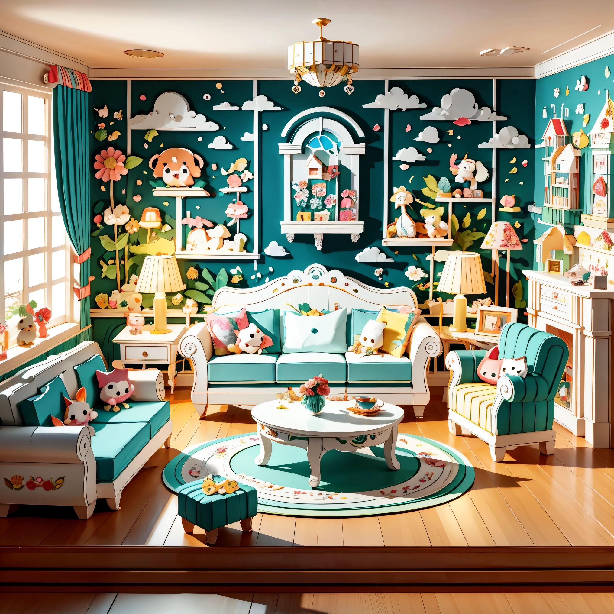 3d paper cut style，Cartoon，cute，(Living room paper cutting art)，俏皮cute的房间装饰，(paper art furniture)，(Sofa made from folded and decoupage paper，chairs and tables)，Whimsical patterns，(The walls are decorated with animals，flowers，风景等纸艺Cartoon画)，Lively and joyful atmosphere