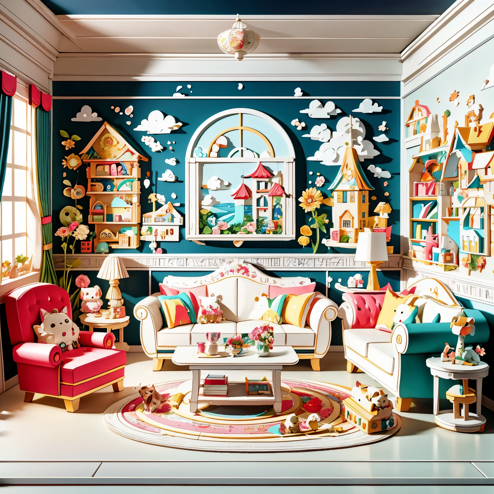 3d paper cut style,Cartoon,cute,(Living room paper cutting art),俏皮cute的房间装饰,(paper art furniture),(Sofa made from folded and decoupage paper,chairs and tables),Whimsical patterns,(The walls are decorated with animals,flowers,风景等纸艺Cartoon画),Lively and joyful atmosphere