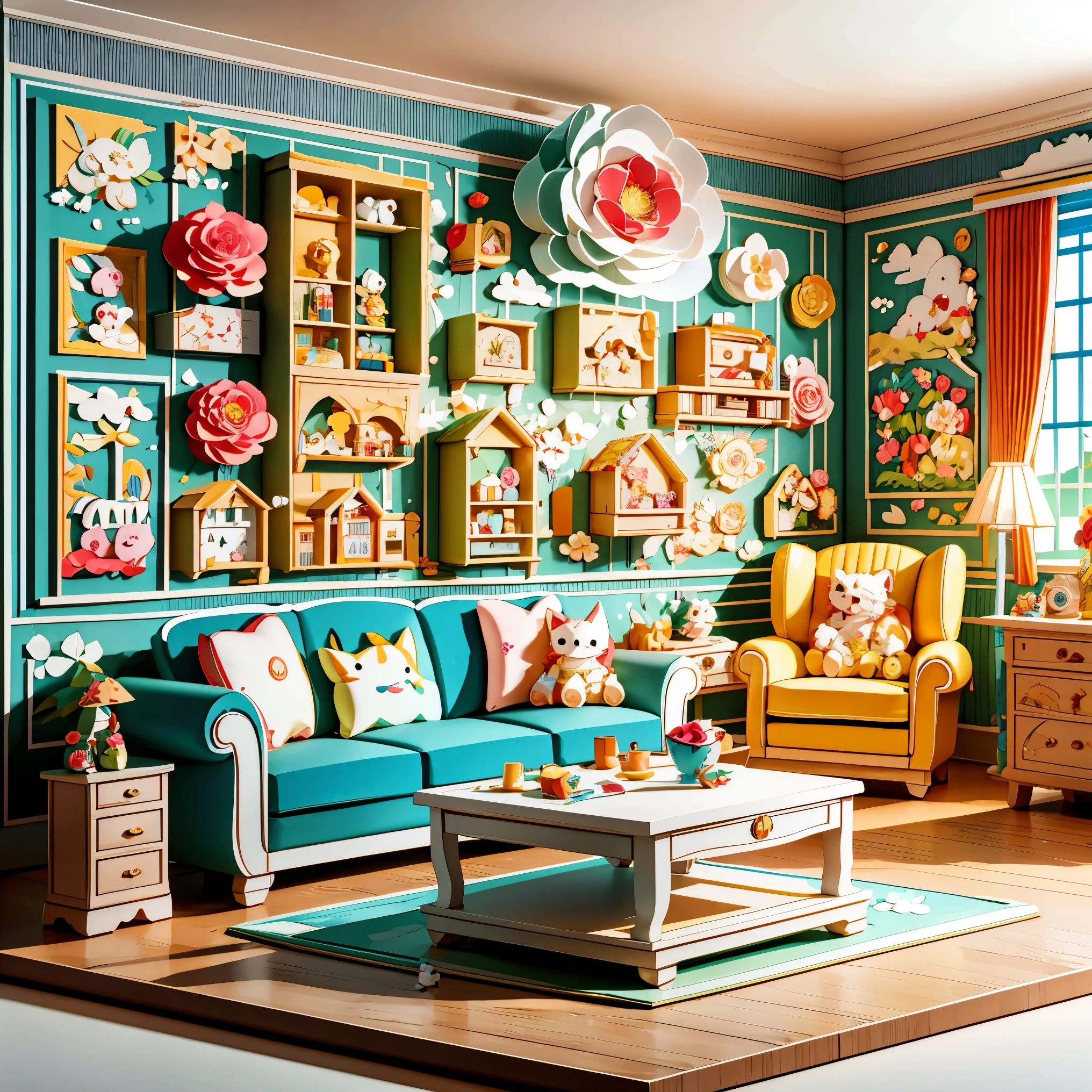 3d paper cut style，Cartoon，cute，(Living room paper cutting art)，俏皮cute的房间装饰，(paper art furniture)，(Sofa made from folded and decoupage paper，chairs and tables)，Whimsical patterns，(The walls are decorated with animals，flowers，风景等纸艺Cartoon画)，Lively and joyful atmosphere