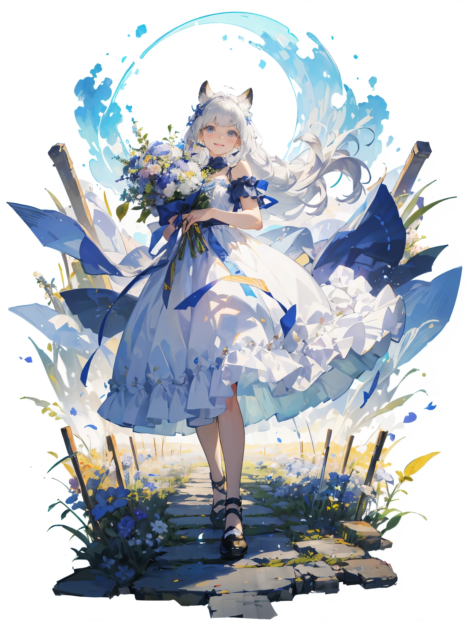 (masterpiece、highest quality、enlightenment、very high quality、High level image quality、Very sensitive writing)A girl with long silver hair standing in a beautiful flower field、slight smile、beast ears,stand on one'my feet,,she has a big bouquet、nice dress,There are frills on the shoulders、cropped skirt,pattern,translucent front photo,shoes, Close-up of princess shoess,Law, long skirt
