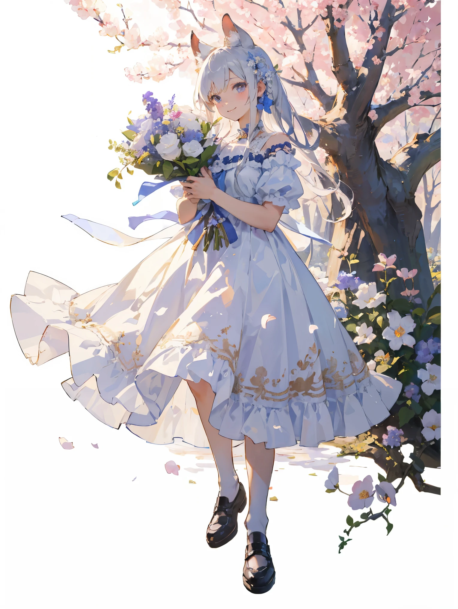 (masterpiece、highest quality、enlightenment、very high quality、High level image quality、Very sensitive writing)A girl with long silver hair standing in a beautiful flower field、slight smile、beast ears,stand on one'my feet,,she has a big bouquet、nice dress,There are frills on the shoulders、cropped skirt,pattern,translucent front photo,shoes, Close-up of princess shoess,Law, long skirt