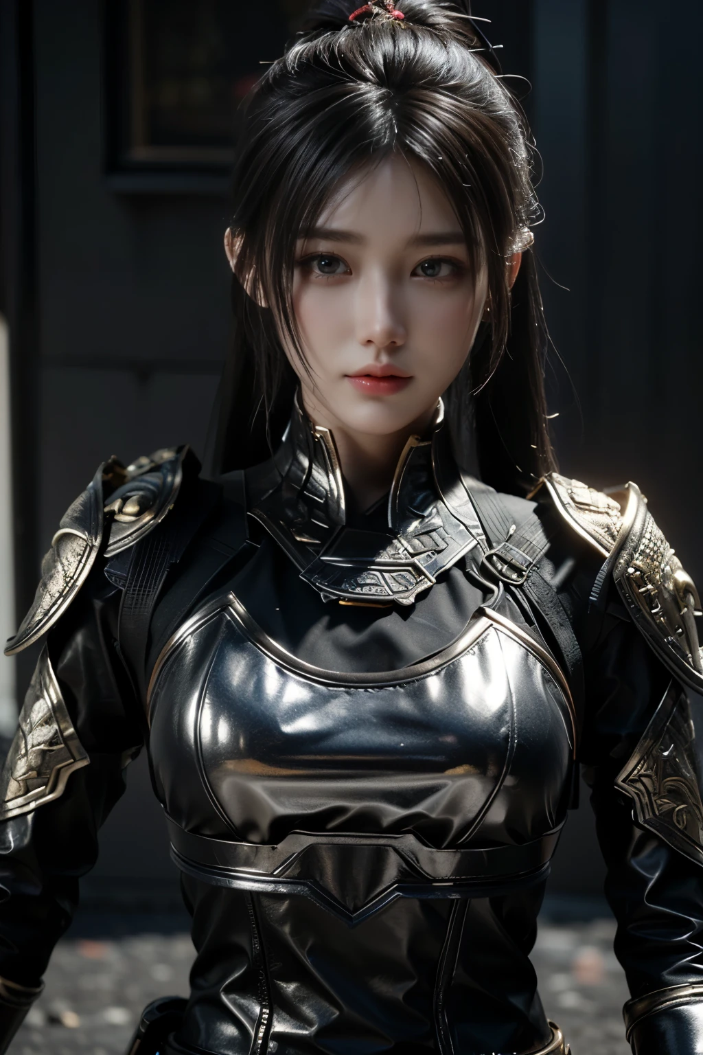 Game art，The best picture quality，Highest resolution，8K，(Portrait:1.5)，(Head close-up)，(Rule of thirds)，Unreal Engine 5 rendering works， (The Girl of the Future)，(Female Warrior)， 
20-year-old girl，An eye rich in detail，(Big breasts)，Elegant and noble，indifferent，brave，
(Future style combat suit combining the characteristics of ancient armor，Ancient runes of light，Combat accessories with rich details，Metallic luster)，Future police，cyberpunk characters，

photo poses，simple background，Movie lights，Ray tracing，Game CG，((3D Unreal Engine))，OC rendering reflection pattern