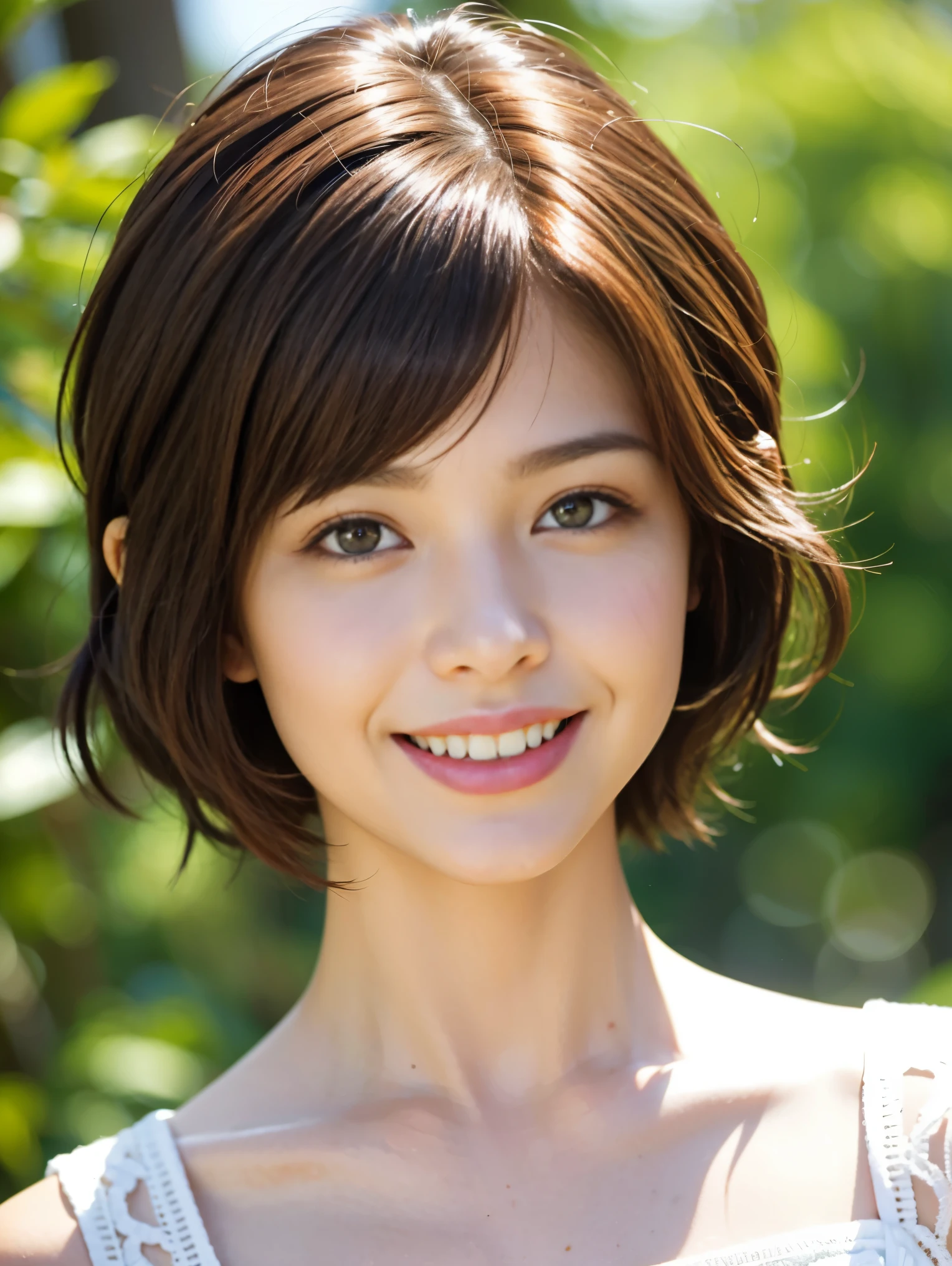 Pixie cut brown hair smile 