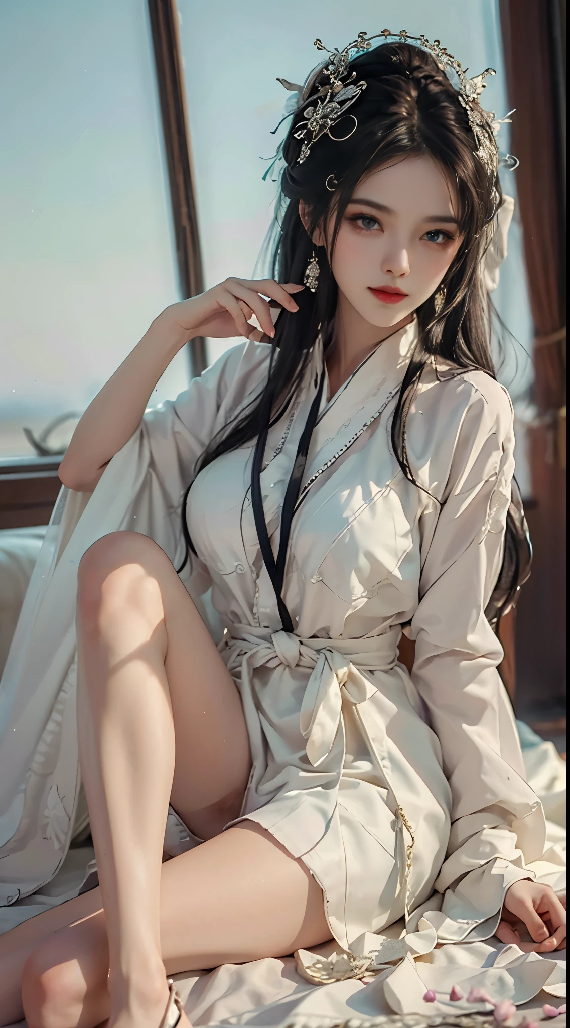 BAINV, fashion girl，red lips，mature women，make up，big eyes。beautiful eyes，(Random shooting angle)，(best quality，masterpiece:1.2)，Ultra-detailed，(lifelike:1.37)，beauty，young，captivating model(Detailed eyes，Detailed lips，非常Detailed eyes)，white and flower colors，show a bright smile，slim body，plump breasts，Slender sexy legs，beautiful legs，Create a stunning depiction of a girl，warm tones，Extremely high color saturation，official art，Very detailed cg unity 8k wallpaper，(high dynamic range:1.4)，(Movie)，(pastel colors，)dim colors，soothing tones:1.3)，(natural skin texture，超lifelike，soft light，sharp)，(Very detailed)，elegant posture，charming pose，sitting，sit on the edge of the bed, correct，解剖学correct，masterpiece，best quality