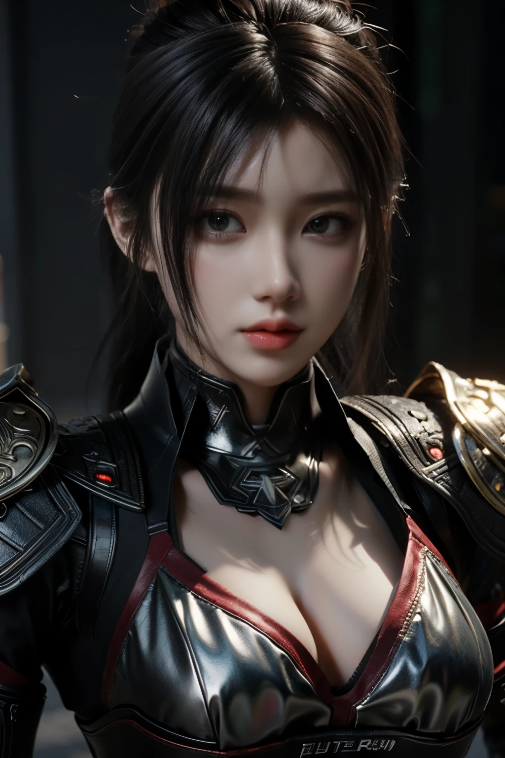 Game art，The best picture quality，Highest resolution，8K，(Portrait:1.5)，(Head close-up)，(Rule of thirds)，Unreal Engine 5 rendering works， (The Girl of the Future)，(Female Warrior)， 
20-year-old girl，An eye rich in detail，(Big breasts)，Elegant and noble，indifferent，brave，
(Future style combat suit combining the characteristics of ancient armor，Ancient runes of light，Combat accessories with rich details，Metallic luster)，Future police，cyberpunk characters，

photo poses，simple background，Movie lights，Ray tracing，Game CG，((3D Unreal Engine))，OC rendering reflection pattern