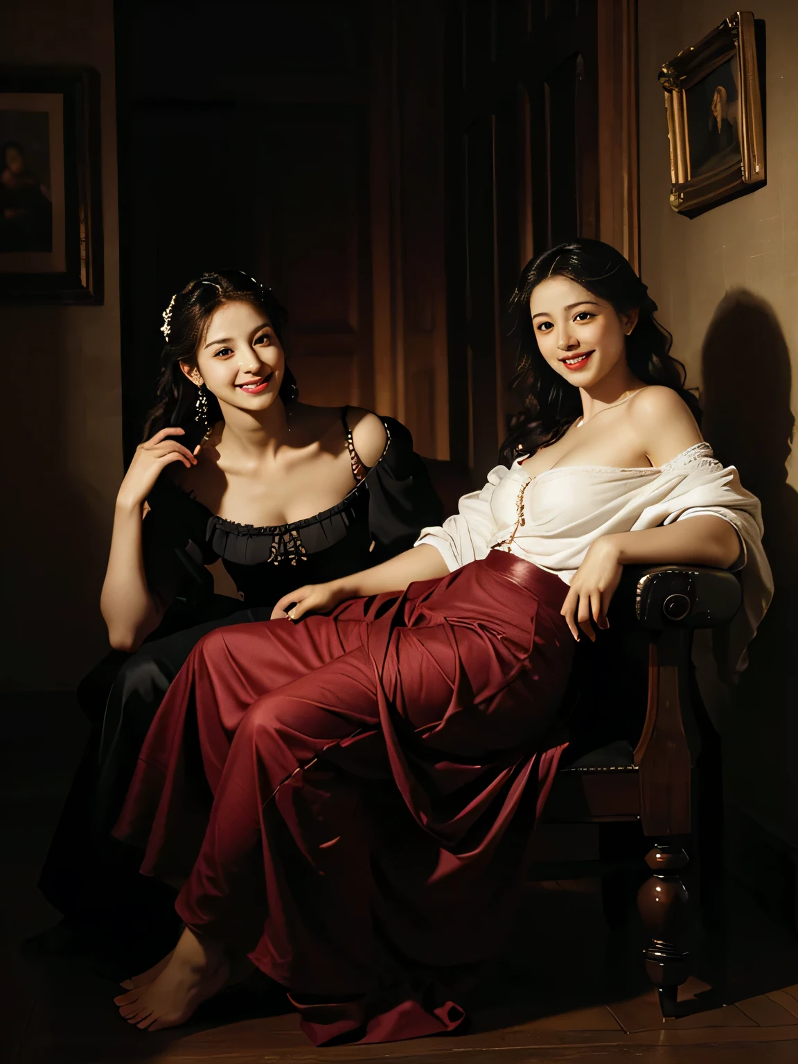 full body portrait ,fruits,Rose ,flower,Rosa,antique,A smile,,Sweet and seductive appearance.、Rubens paintings、Chiaroscuro of Caravaggio,Two women frolicking,Cute smile, Expression of ecstasy,sexy