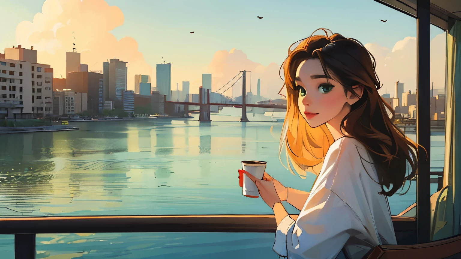 ((masterpiece)),(((bestquality))),((ultra-detailed)) realisticlying, 1 girl, Beautiful,  enjoying coffee  solo,  The sky turnsat morning,  looking to viewer, soft green, city.