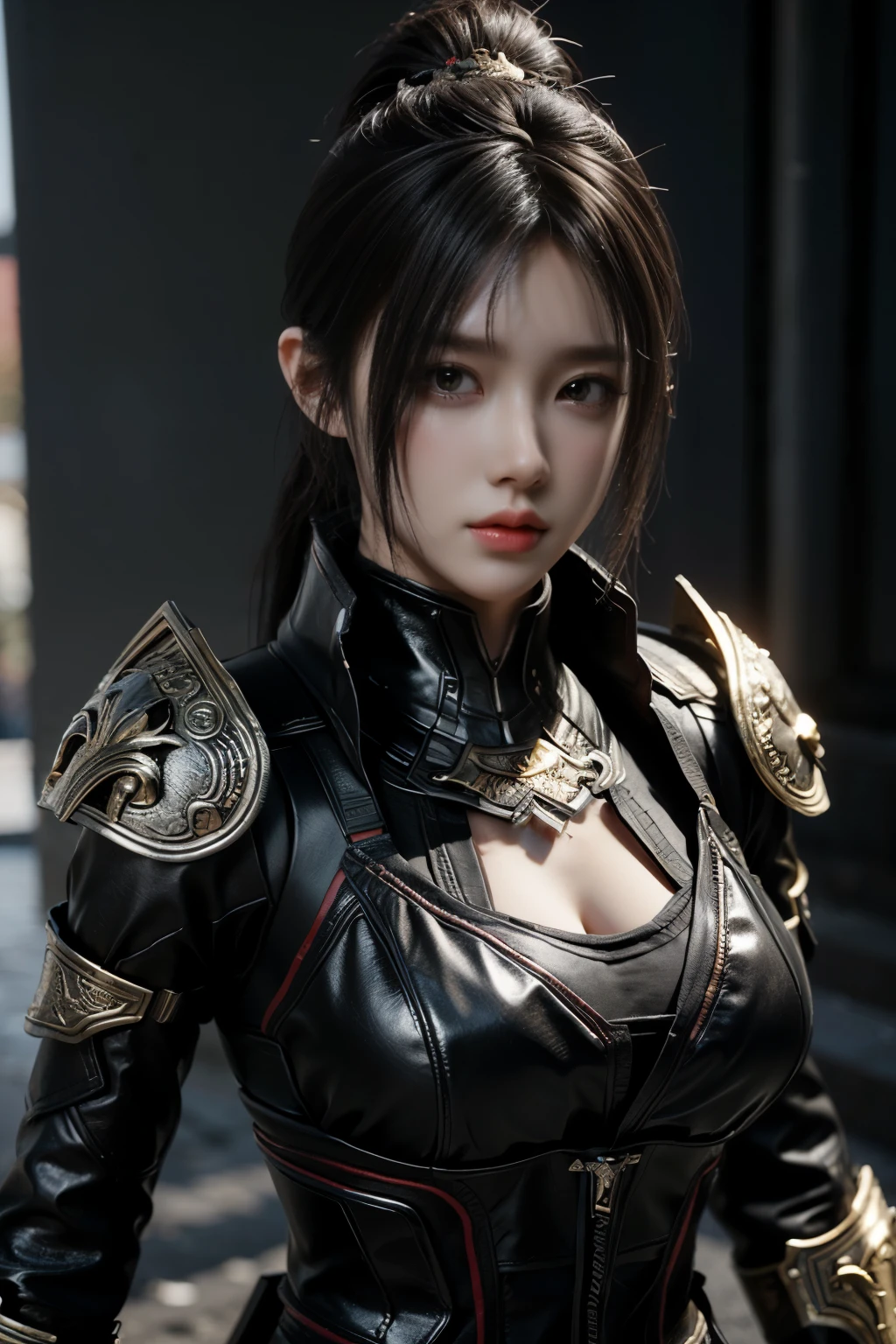 Game art，The best picture quality，Highest resolution，8K，(Portrait:1.5)，(Head close-up)，(Rule of thirds)，Unreal Engine 5 rendering works， (The Girl of the Future)，(Female Warrior)， 
20-year-old girl，An eye rich in detail，(Big breasts)，Elegant and noble，indifferent，brave，
(Future style combat suit combining the characteristics of ancient armor，Ancient runes of light，Combat accessories with rich details，Metallic luster)，Future police，cyberpunk characters，

photo poses，simple background，Movie lights，Ray tracing，Game CG，((3D Unreal Engine))，OC rendering reflection pattern