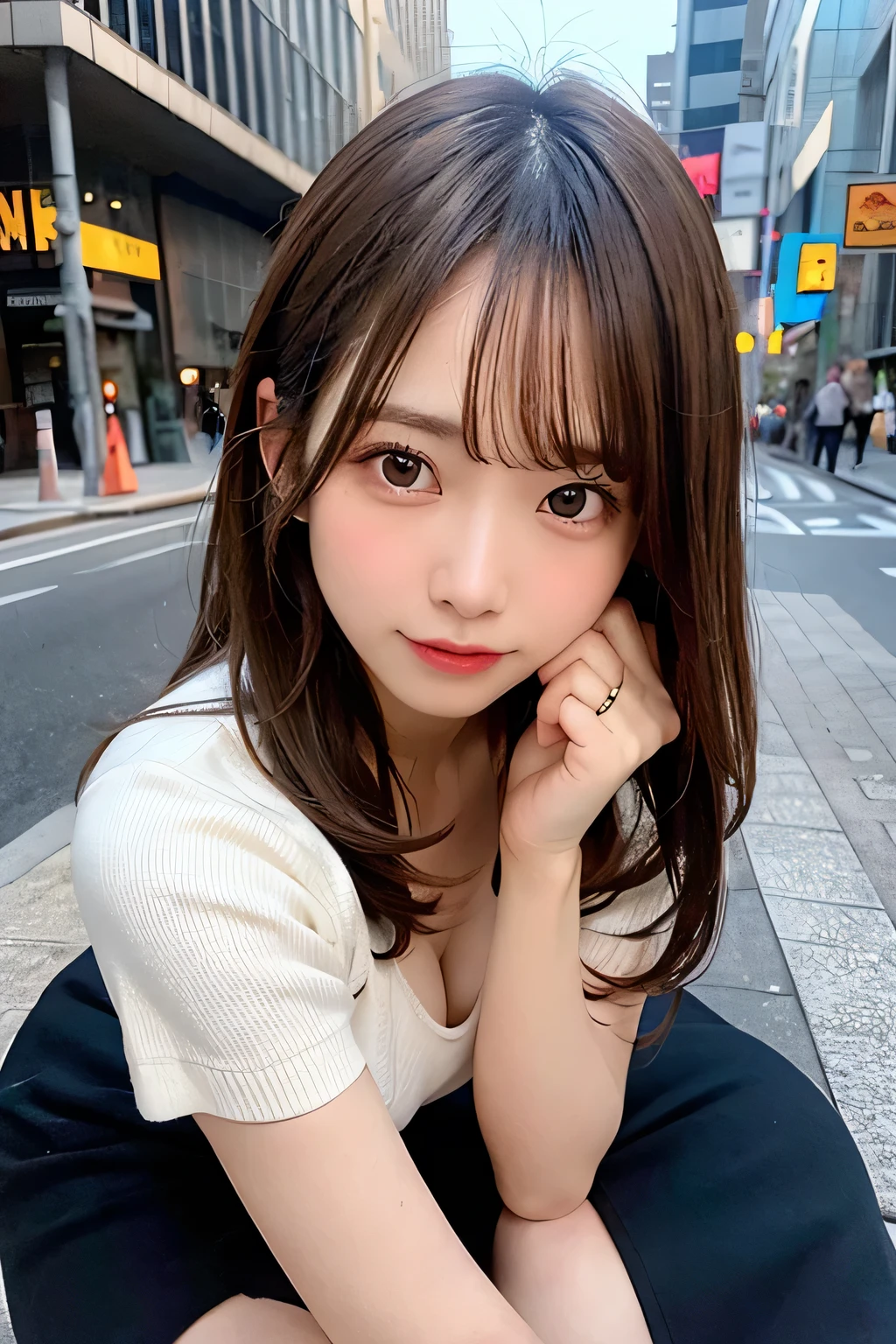 (8k, RAW photo:1.2)detailed face and eyes,highest quality, ultra high resolution, very detailed ,intricate details ,Cute girl about 20 years old, hyper detail,focus clearly on the chest, (beautiful brown hair), (long hair), ⦅White knitted clothes⦆、⦅black mini skirt⦆、(black boots)(I can see the cleavage)(The whole body is reflected)⦅Sexy bare feet⦆(random pose)(random facial expressions)⦅beautiful feet⦆⦅The background is the city at night⦆(Visible underwear and invisible underwear)