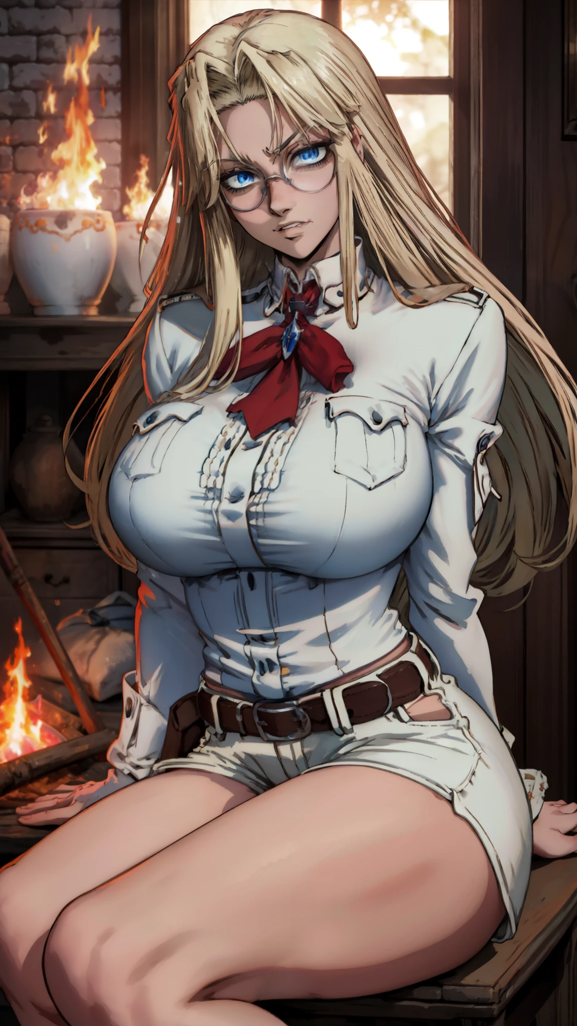 masterpiece, best quality, integr hellsing, integra, 1girl, solo, white shorts, long sleeves , sitting, campfire, warm lighting , , annoyed, head tilt, looking to the side, gigantic breasts, breast focus, boob window, bare breasts, arms at side, arms behind back, Detailed face, Detailed blue eyes, Detailed face, blue eyes, perfect eyes, perfect face, nude